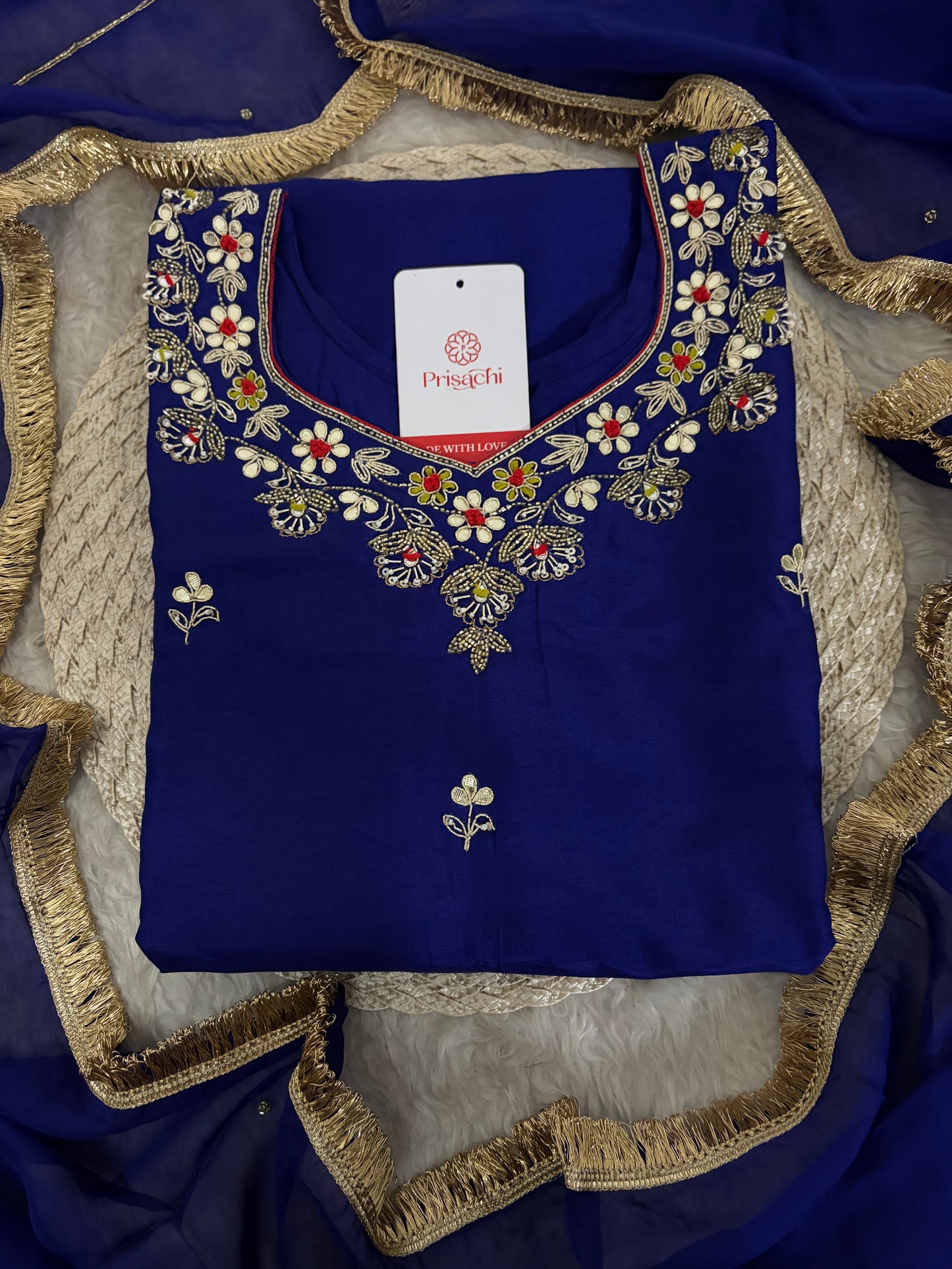 Royal Blue Embroidered Ethnic Kurta set with Pants and Dupatta For Women's