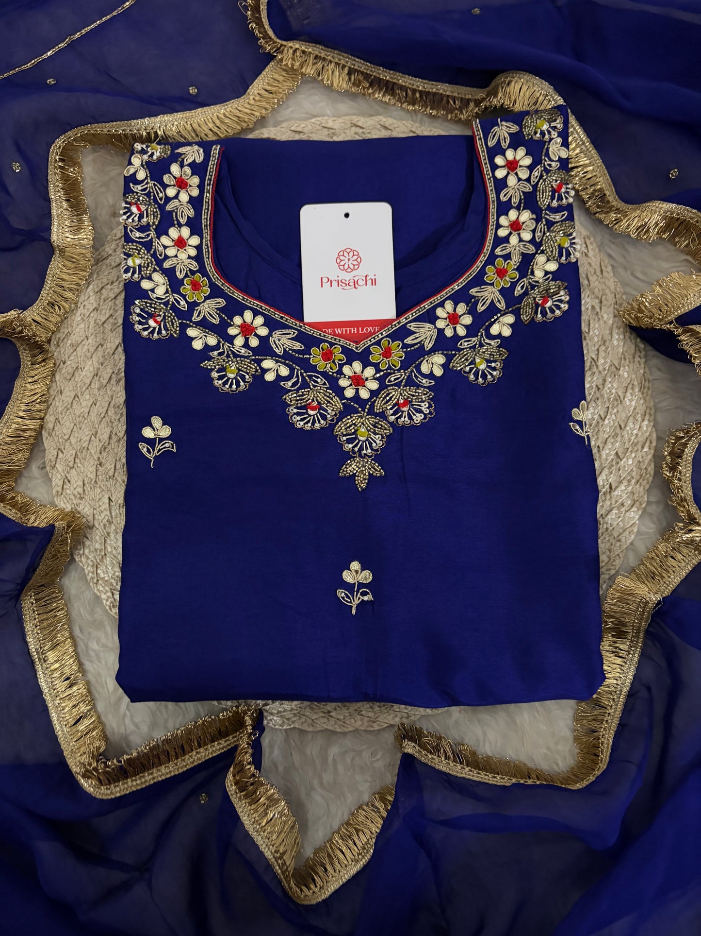 Royal Blue Embroidered Ethnic Kurta set with Pants and Dupatta For Women's