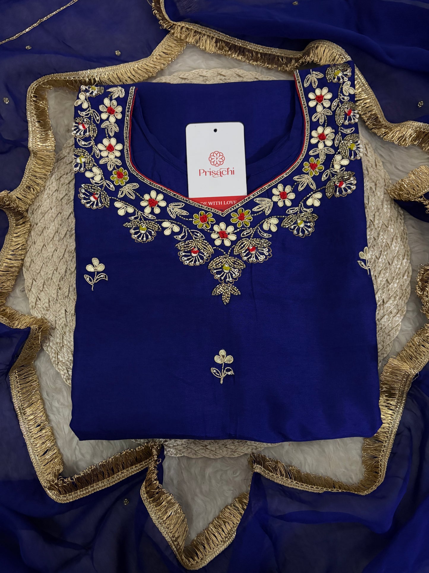 Royal Blue Embroidered Ethnic Kurta set with Pants and Dupatta For Women's