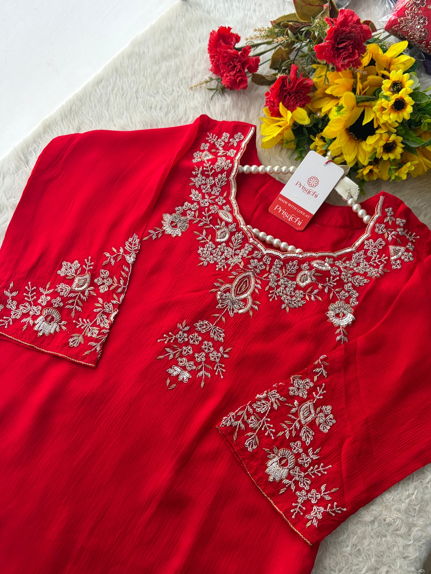 Red Zardozi Embroidered Kurti Sharara Set with Dupatta | Designer Ethnic Suit Set
