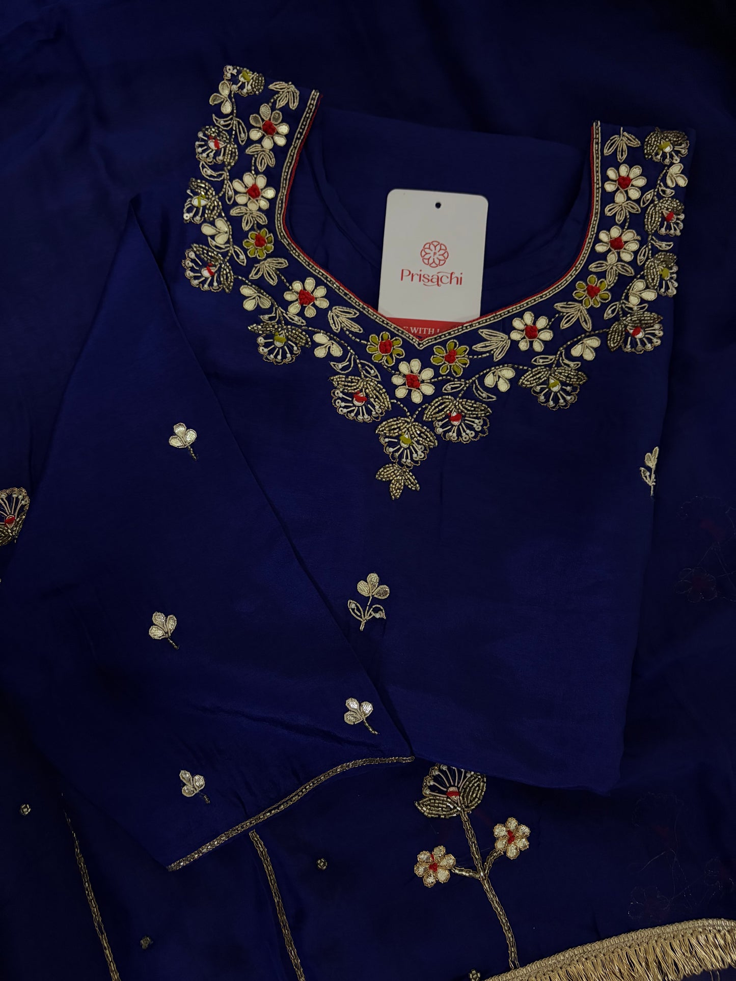 Royal Blue Embroidered Ethnic Kurta set with Pants and Dupatta For Women's