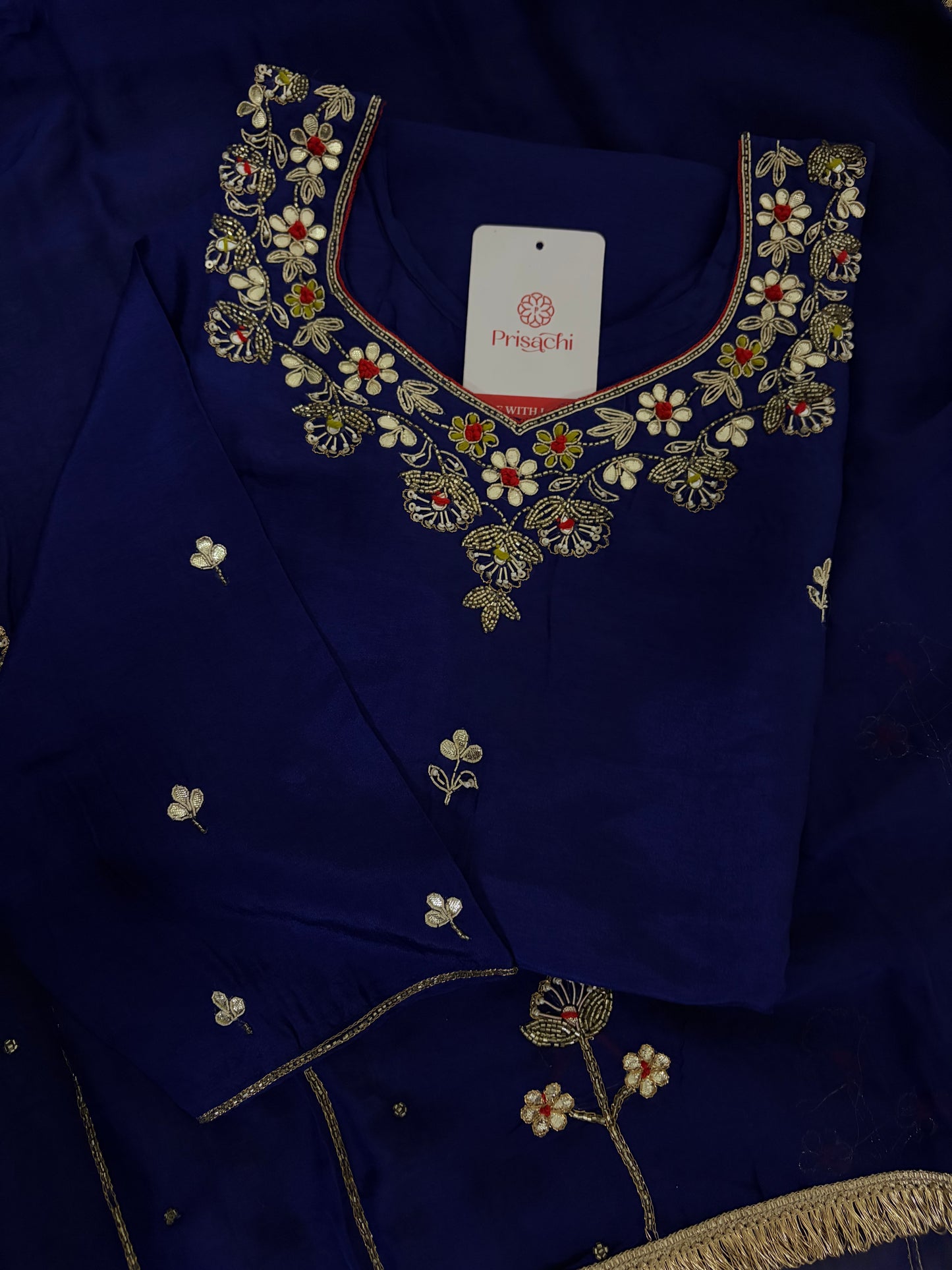 Royal Blue Embroidered Ethnic Kurta set with Pants and Dupatta For Women's