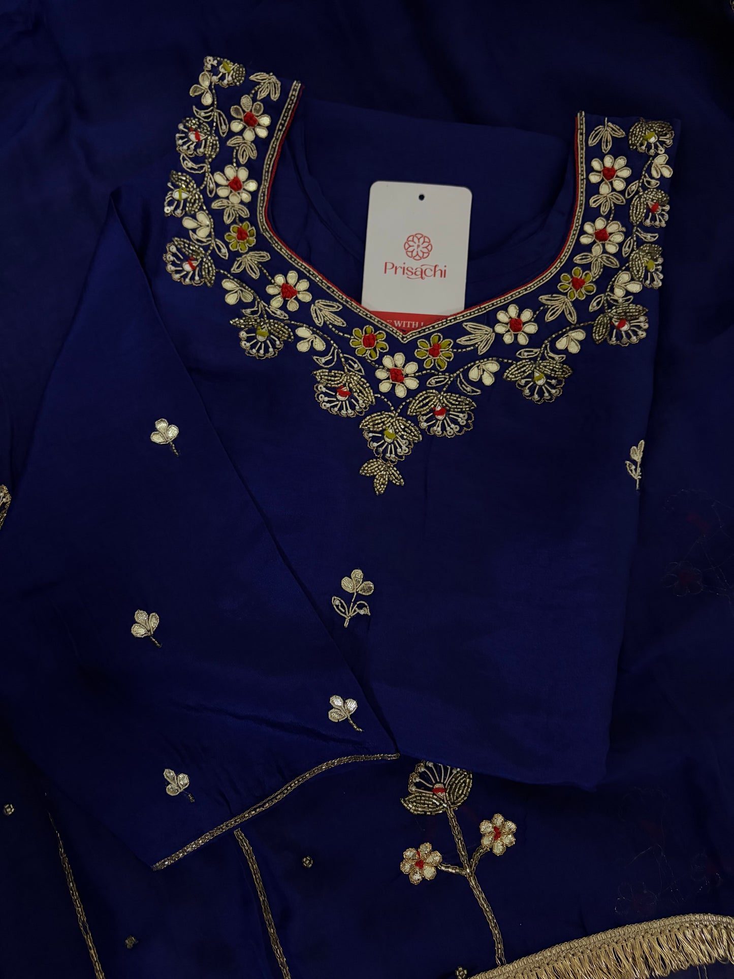 Royal Blue Embroidered Ethnic Kurta set with Pants and Dupatta For Women's