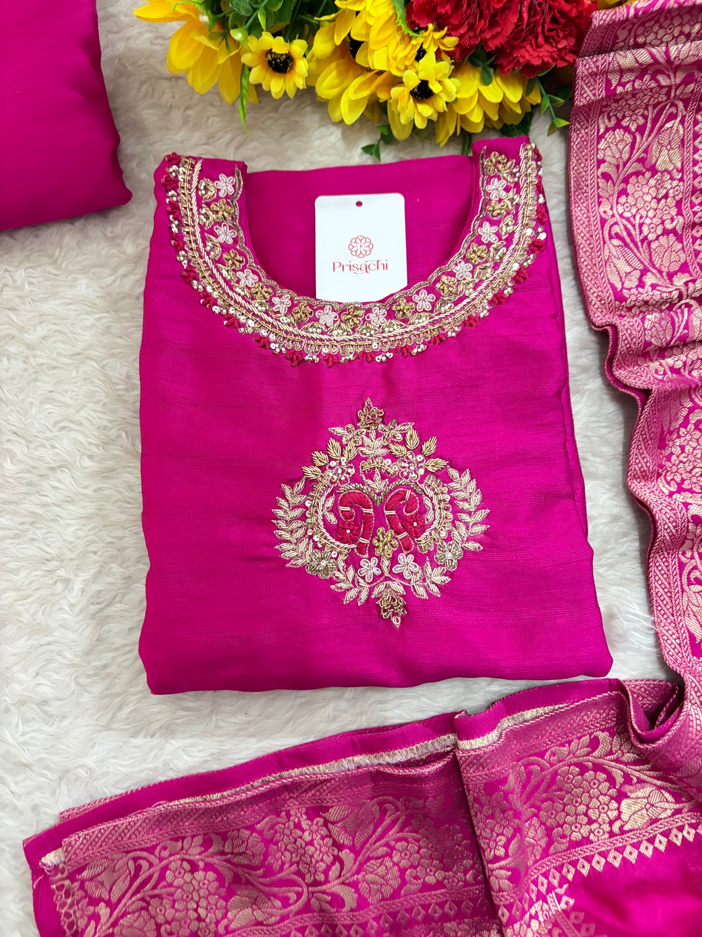 Deep Pink Embroidered Ethnic Kurta Set for Women With Banarasi Dupatta & Pants| Festive Traditional Suit Set