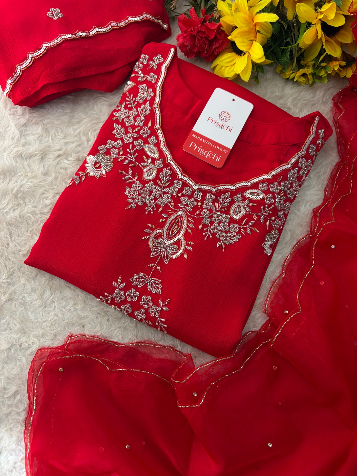 Red Zardozi Embroidered Kurti Sharara Set with Dupatta | Designer Ethnic Suit Set