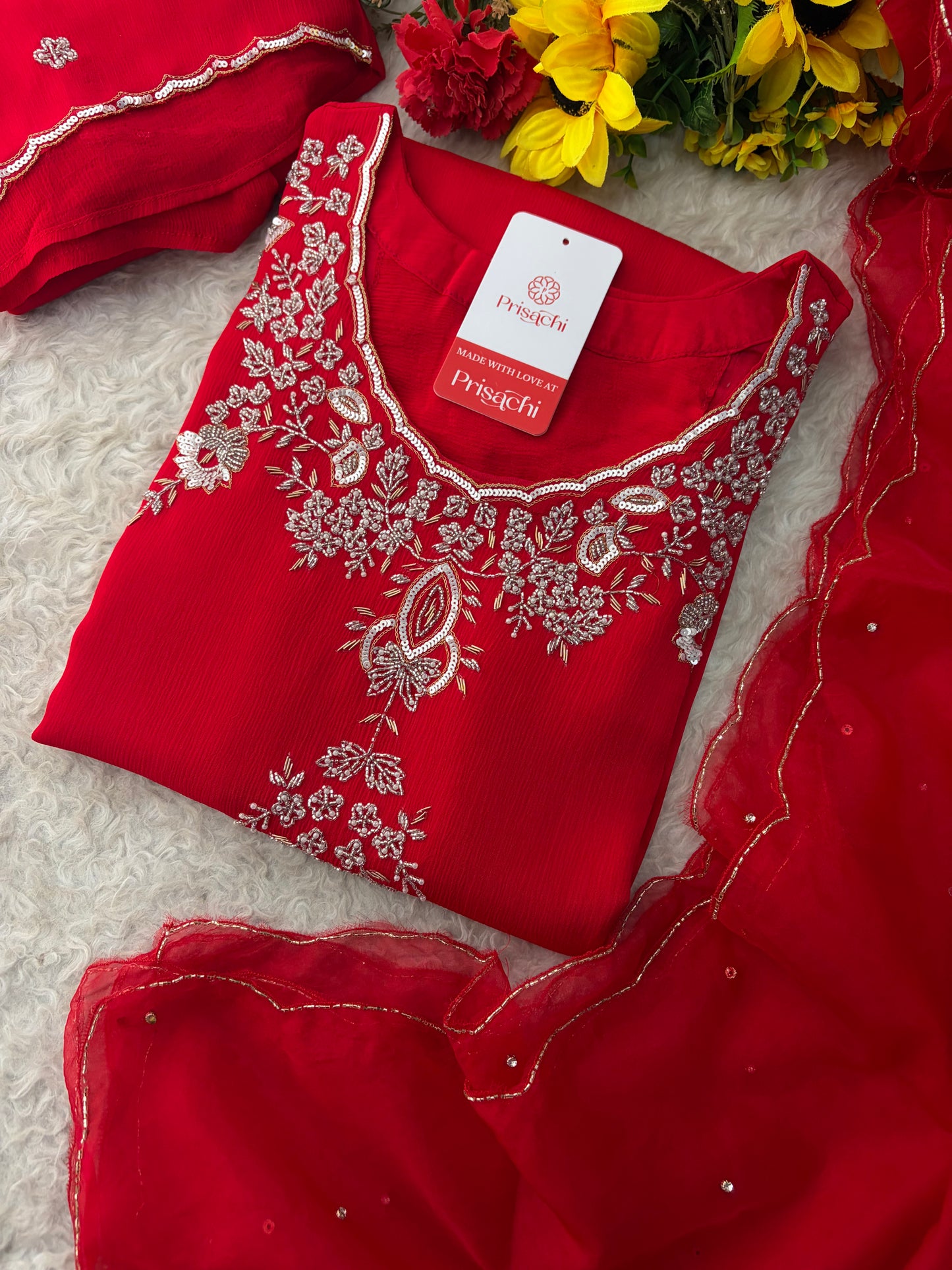 Red Zardozi Embroidered Kurti Sharara Set with Dupatta | Designer Ethnic Suit Set