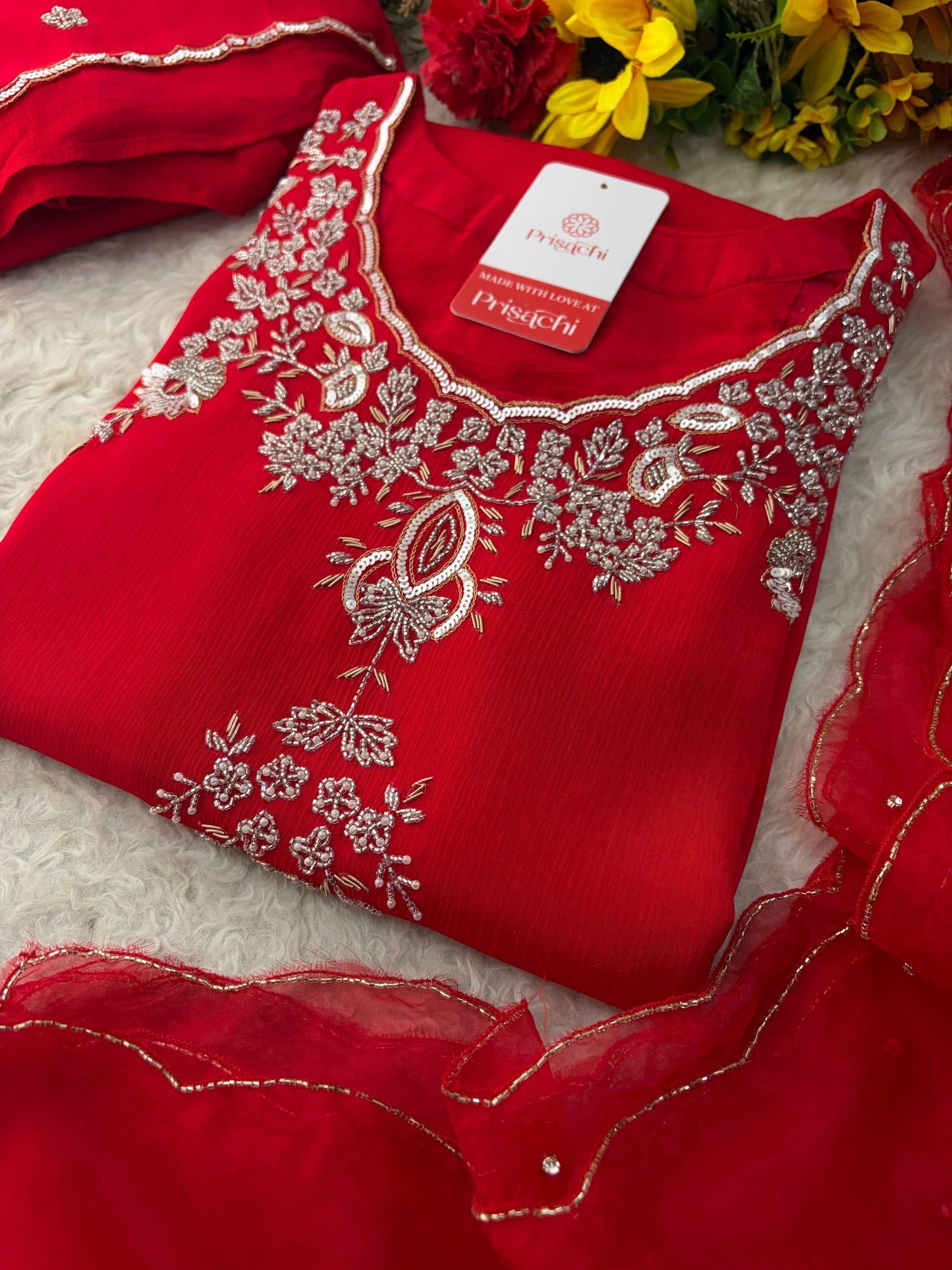 Red Zardozi Embroidered Kurti Sharara Set with Dupatta | Designer Ethnic Suit Set