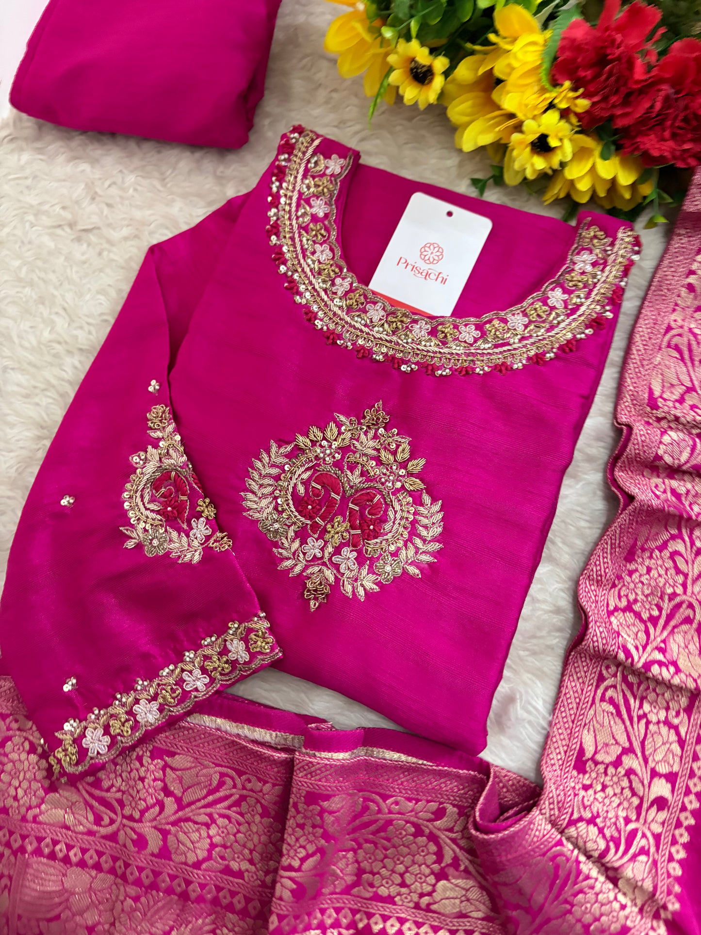 Deep Pink Embroidered Ethnic Kurta Set for Women With Banarasi Dupatta & Pants| Festive Traditional Suit Set