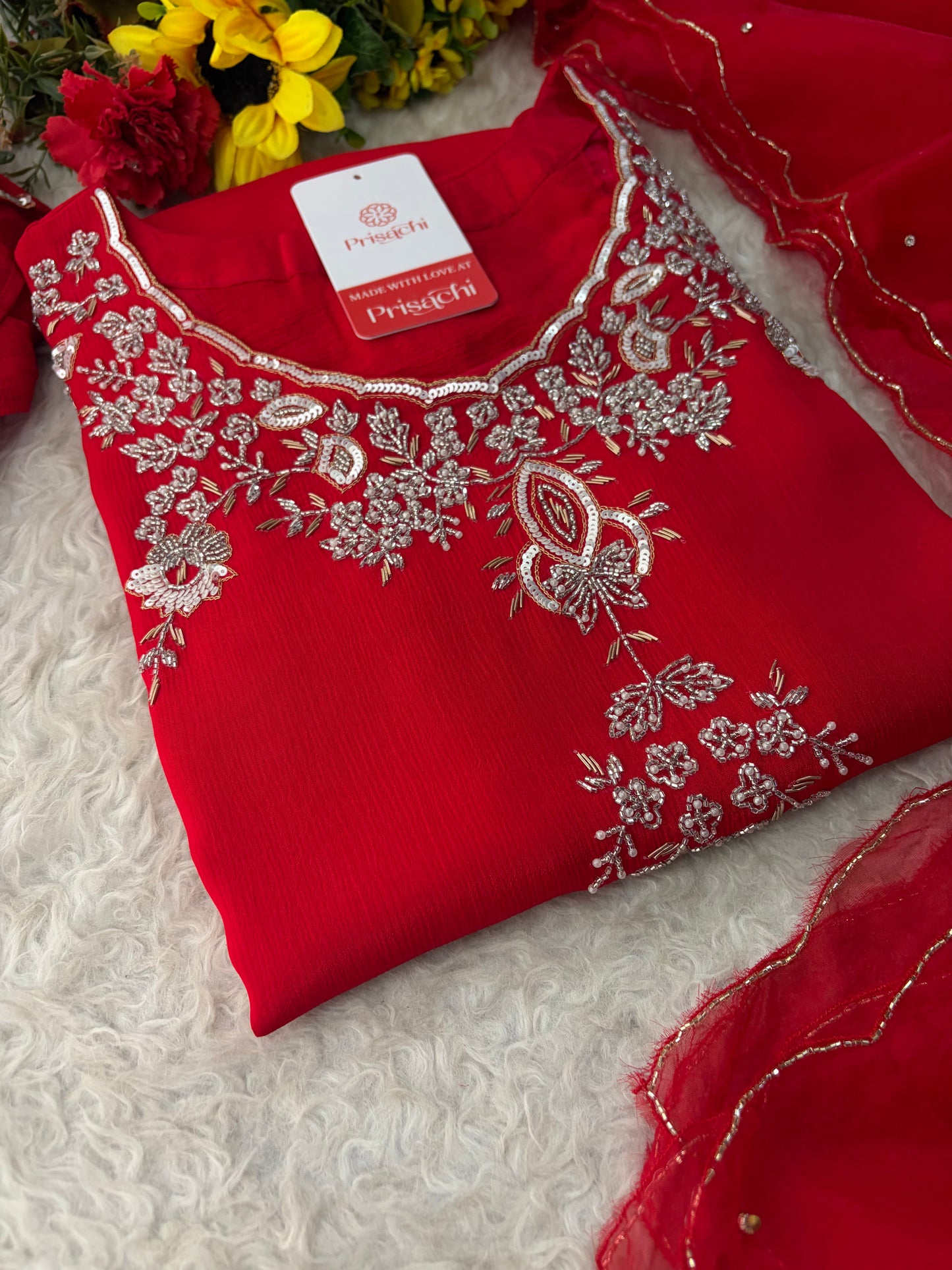 Red Zardozi Embroidered Kurti Sharara Set with Dupatta | Designer Ethnic Suit Set