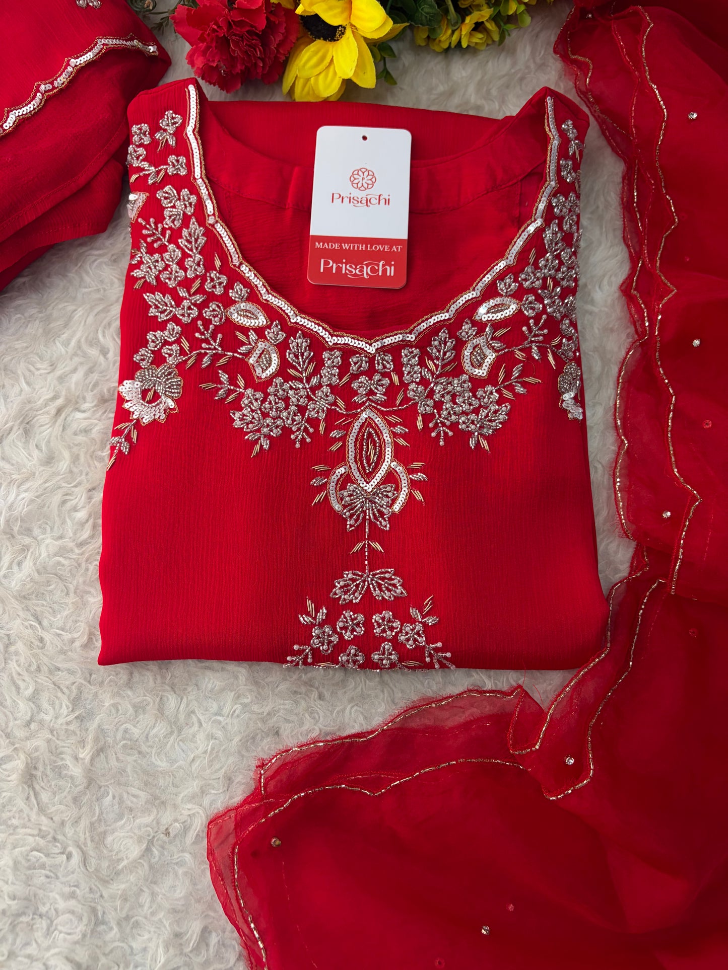 Red Zardozi Embroidered Kurti Sharara Set with Dupatta | Designer Ethnic Suit Set