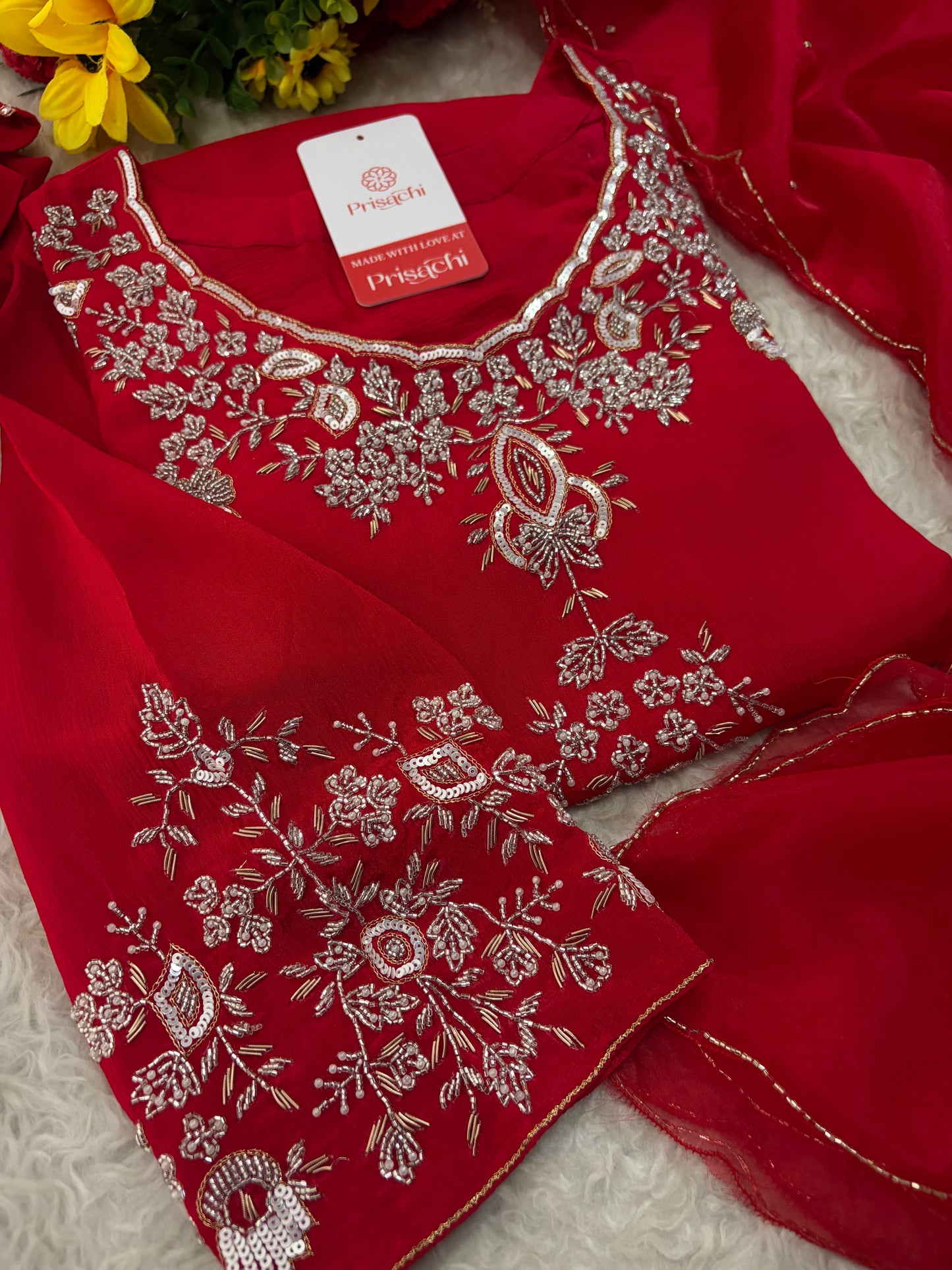 Red Zardozi Embroidered Kurti Sharara Set with Dupatta | Designer Ethnic Suit Set