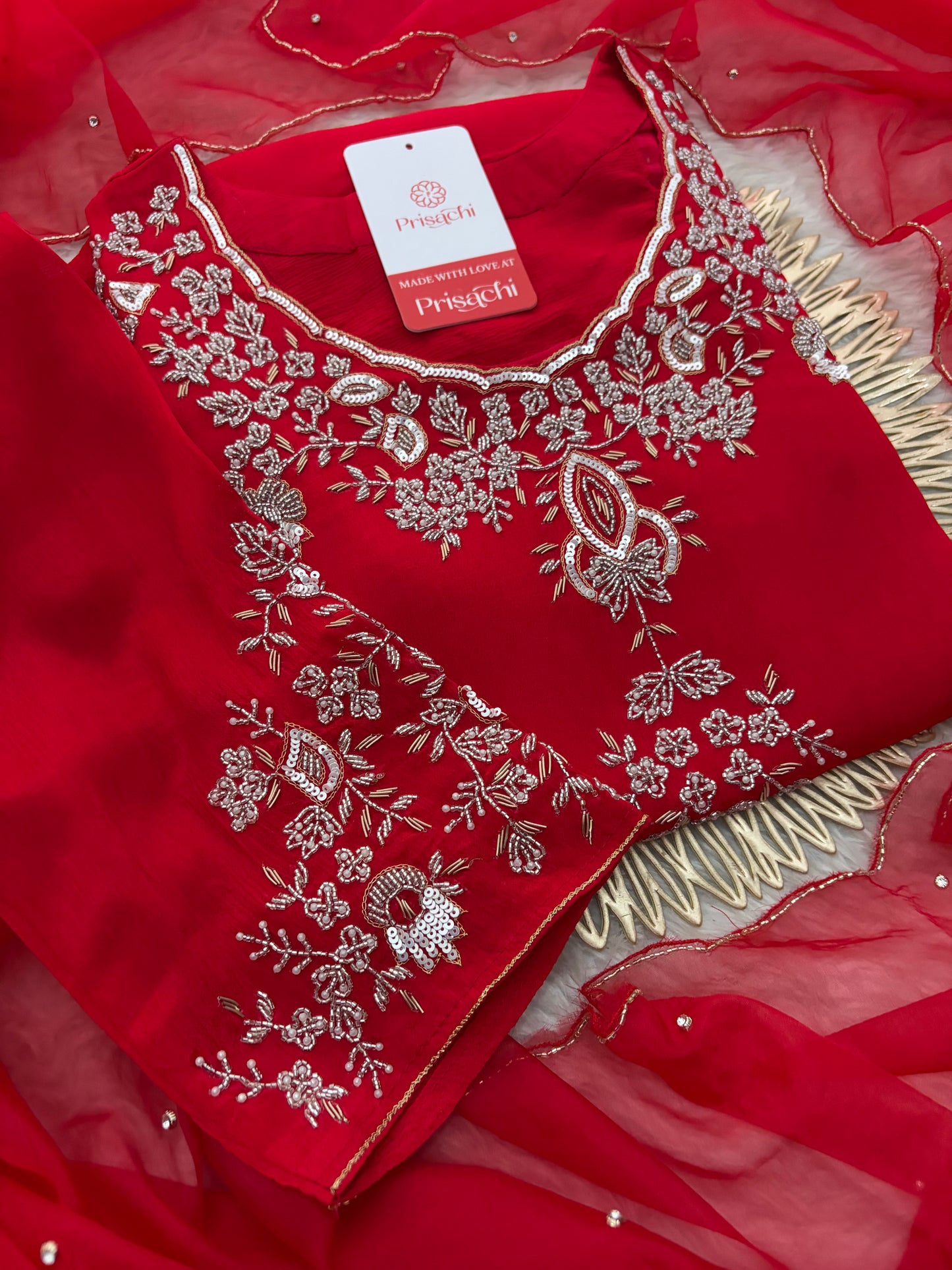 Red Zardozi Embroidered Kurti Sharara Set with Dupatta | Designer Ethnic Suit Set