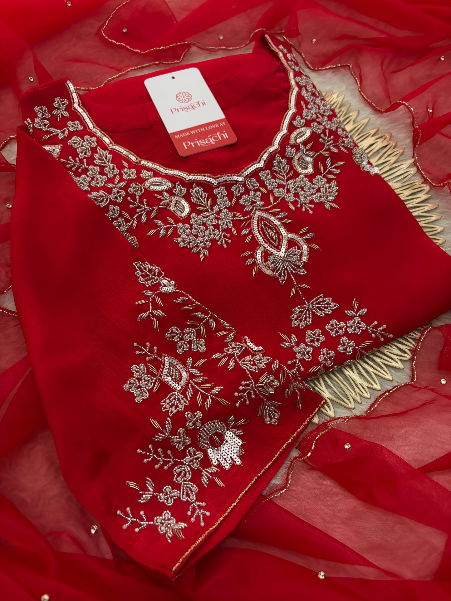 Red Zardozi Embroidered Kurti Sharara Set with Dupatta | Designer Ethnic Suit Set