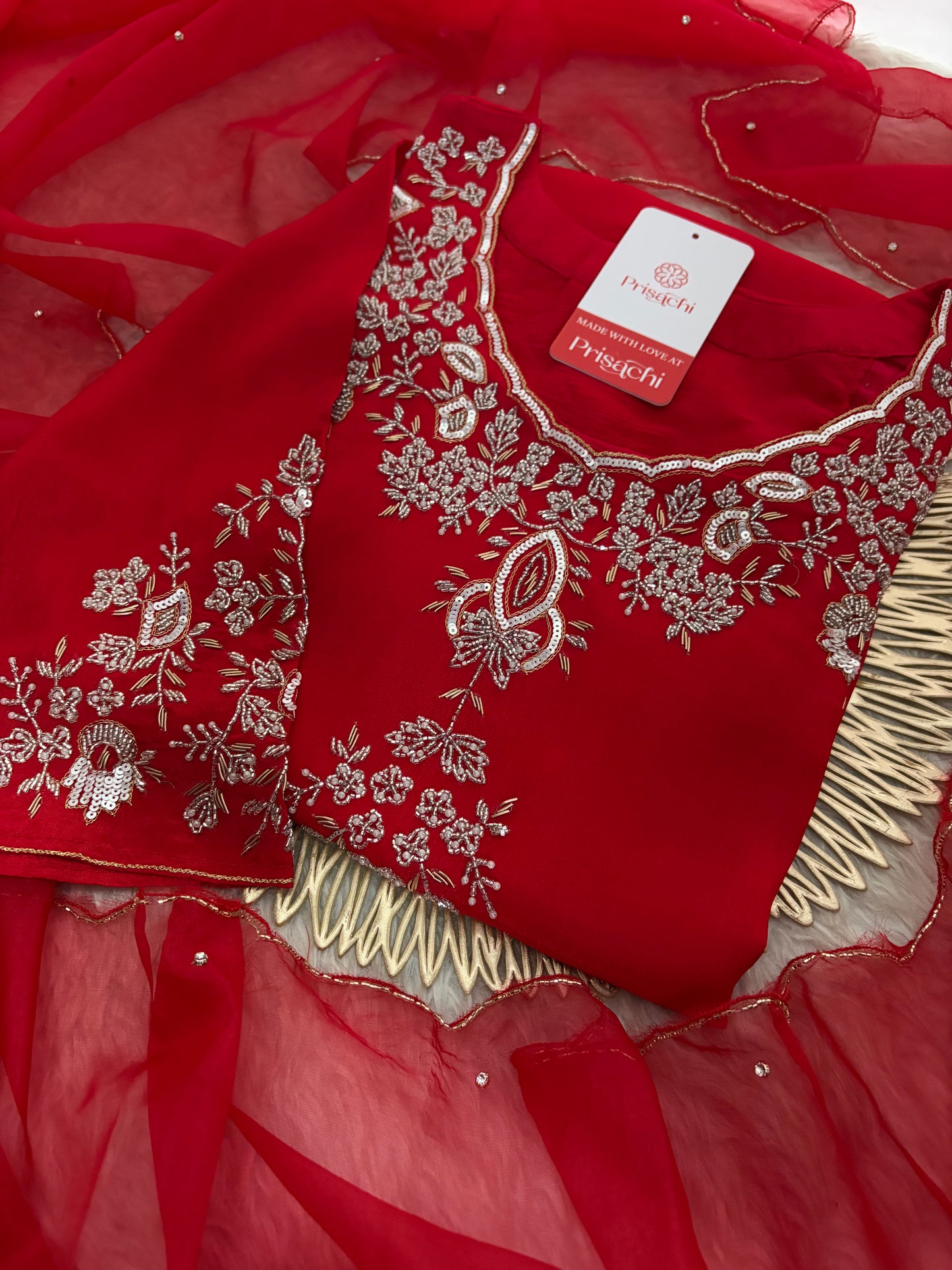Red Zardozi Embroidered Kurti Sharara Set with Dupatta | Designer Ethnic Suit Set