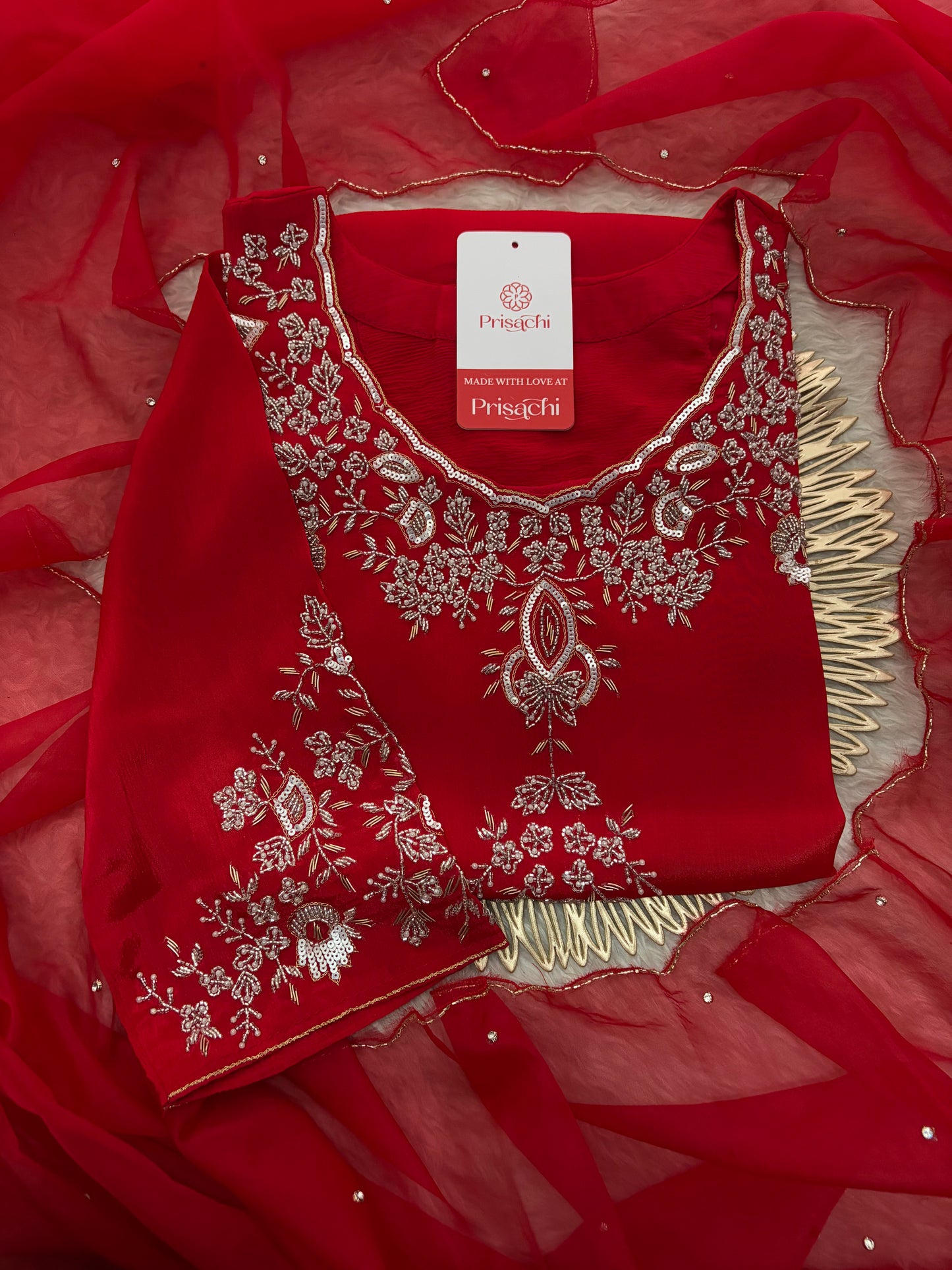 Red Zardozi Embroidered Kurti Sharara Set with Dupatta | Designer Ethnic Suit Set
