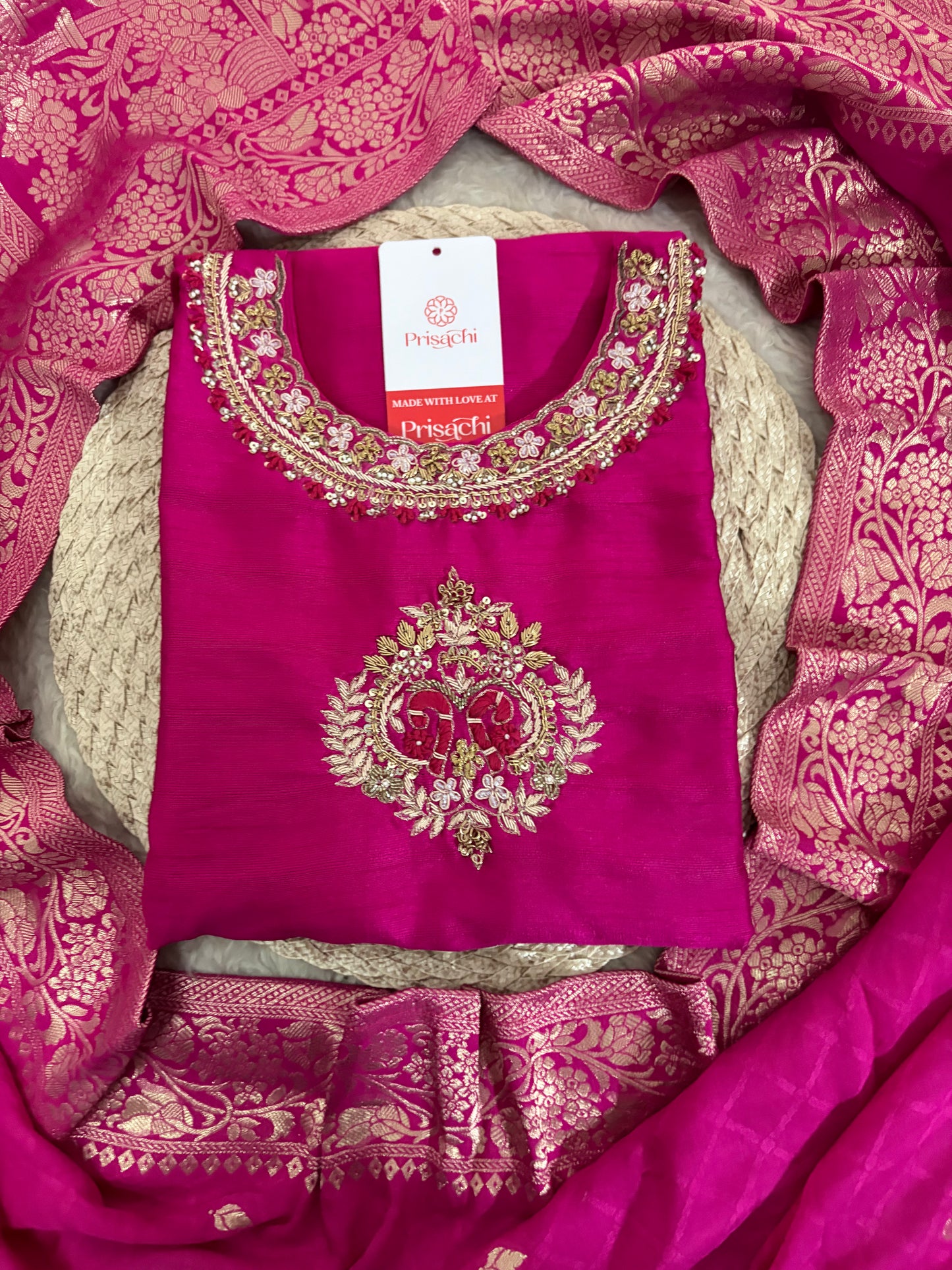 Deep Pink Embroidered Ethnic Kurta Set for Women With Banarasi Dupatta & Pants| Festive Traditional Suit Set