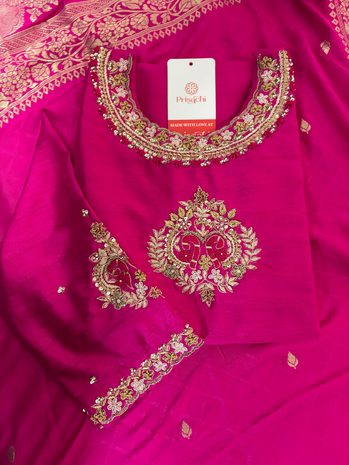 Deep Pink Embroidered Ethnic Kurta Set for Women With Banarasi Dupatta & Pants| Festive Traditional Suit Set