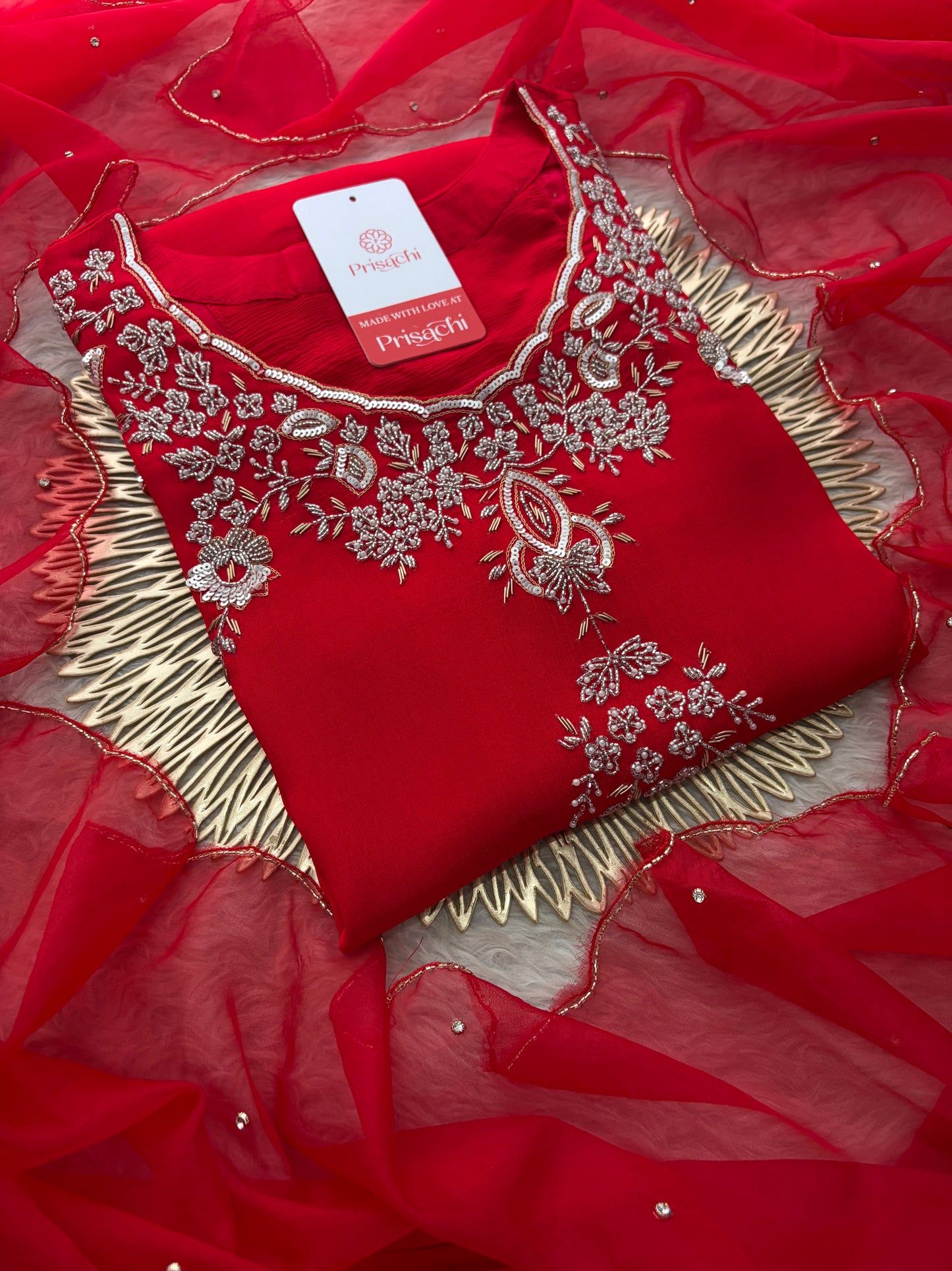 Red Zardozi Embroidered Kurti Sharara Set with Dupatta | Designer Ethnic Suit Set