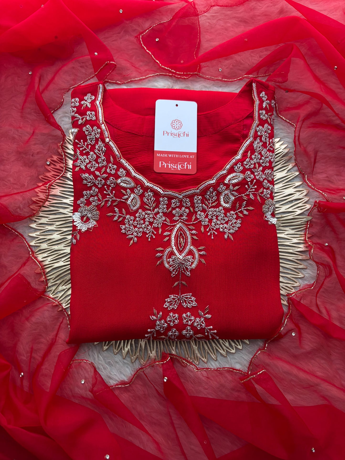 Red Zardozi Embroidered Kurti Sharara Set with Dupatta | Designer Ethnic Suit Set