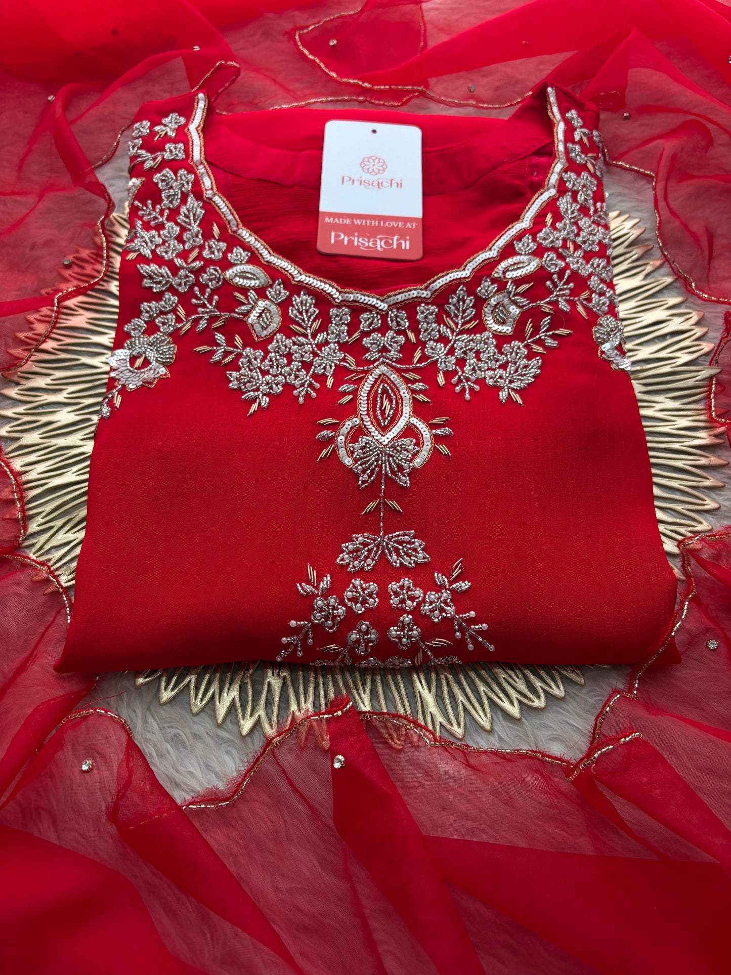 Red Zardozi Embroidered Kurti Sharara Set with Dupatta | Designer Ethnic Suit Set