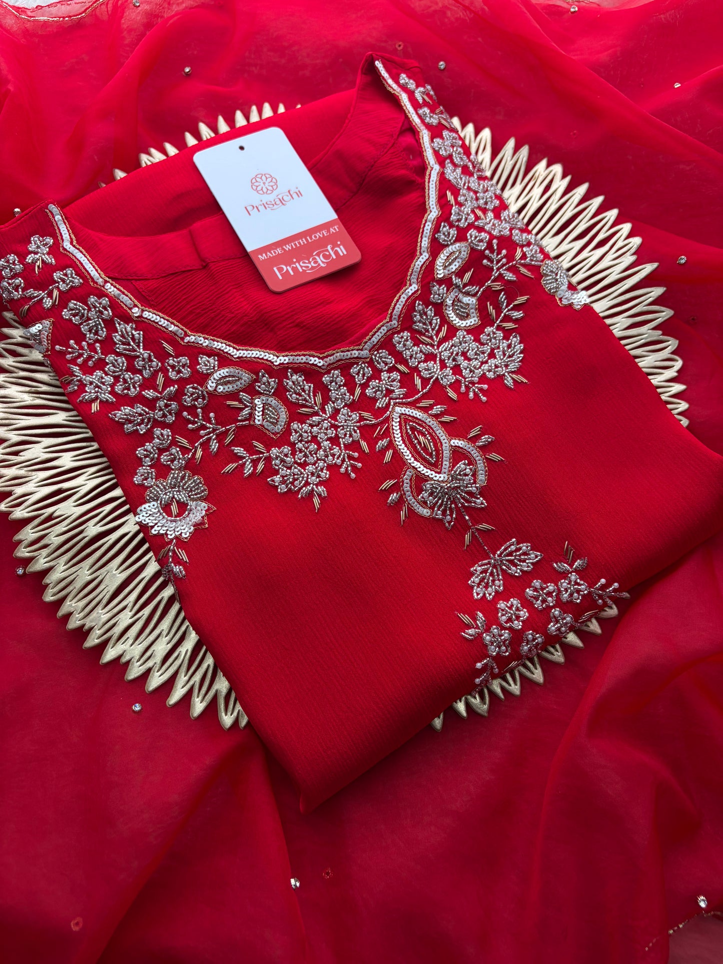 Red Zardozi Embroidered Kurti Sharara Set with Dupatta | Designer Ethnic Suit Set
