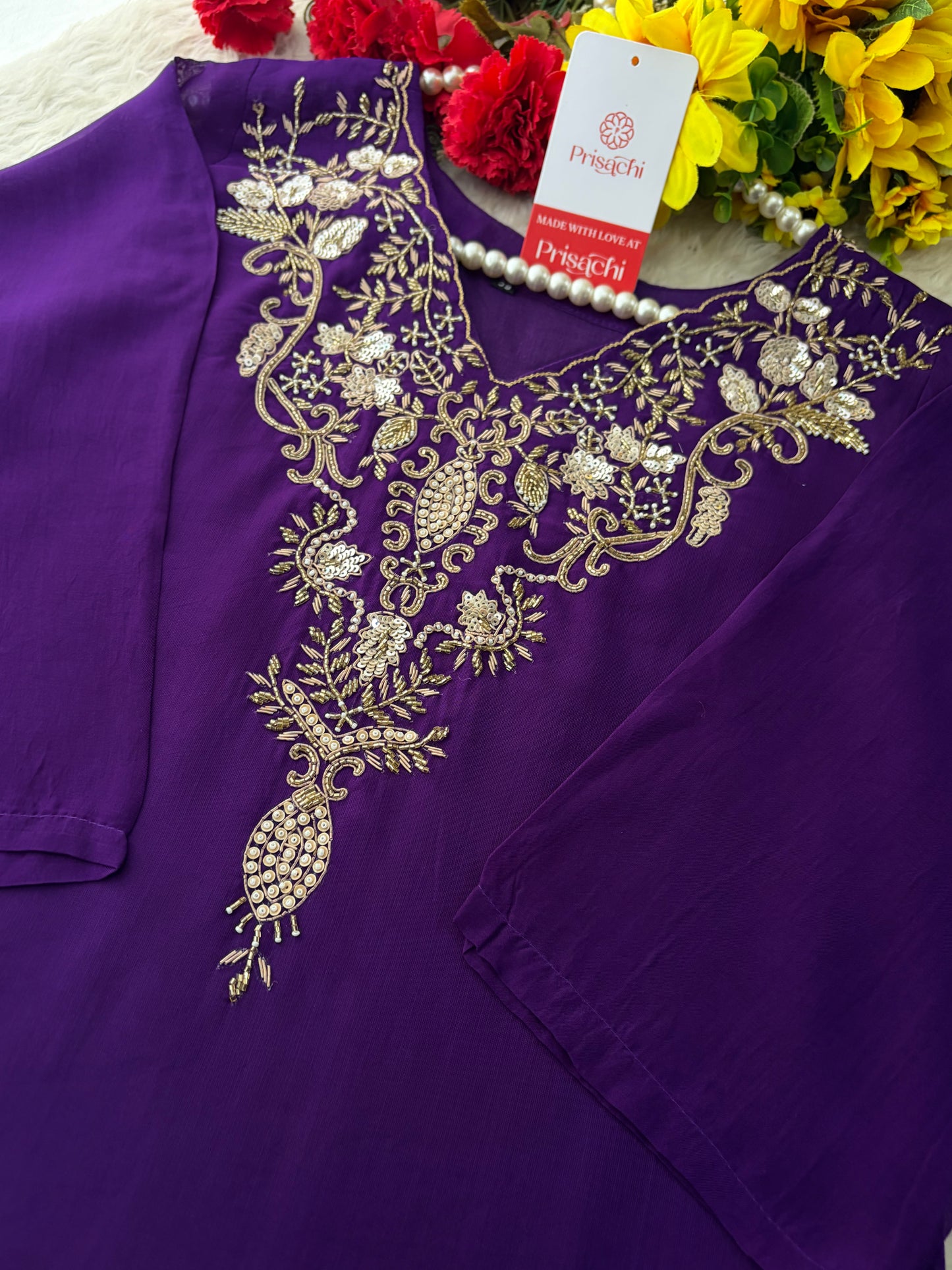 Purple Zardozi Embroidered Kurta Set for Women with Broad Antique Gold Hem Border, Pants & Dupatta | Designer Ethnic Suit