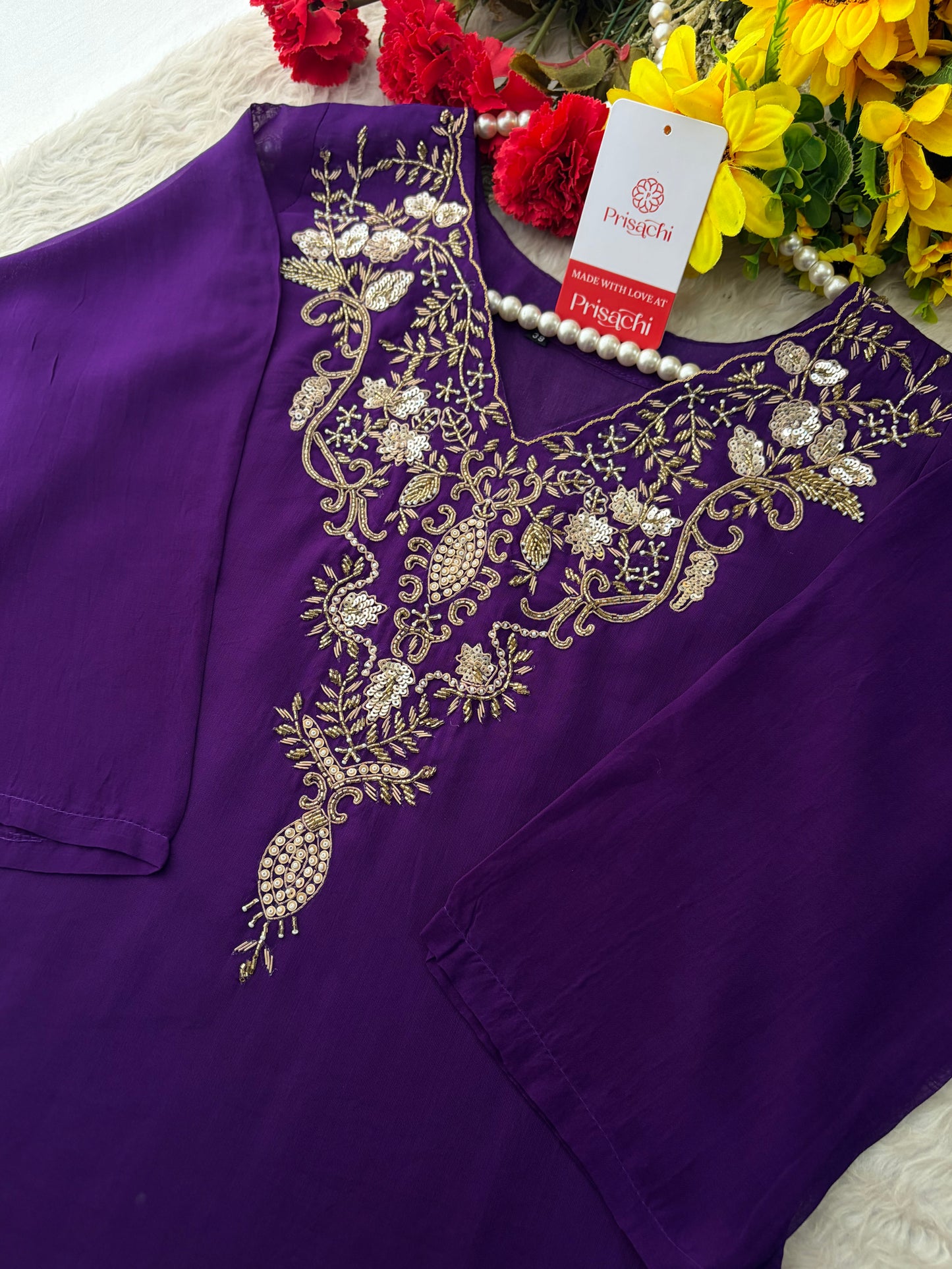 Purple Zardozi Embroidered Kurta Set for Women with Broad Antique Gold Hem Border, Pants & Dupatta | Designer Ethnic Suit