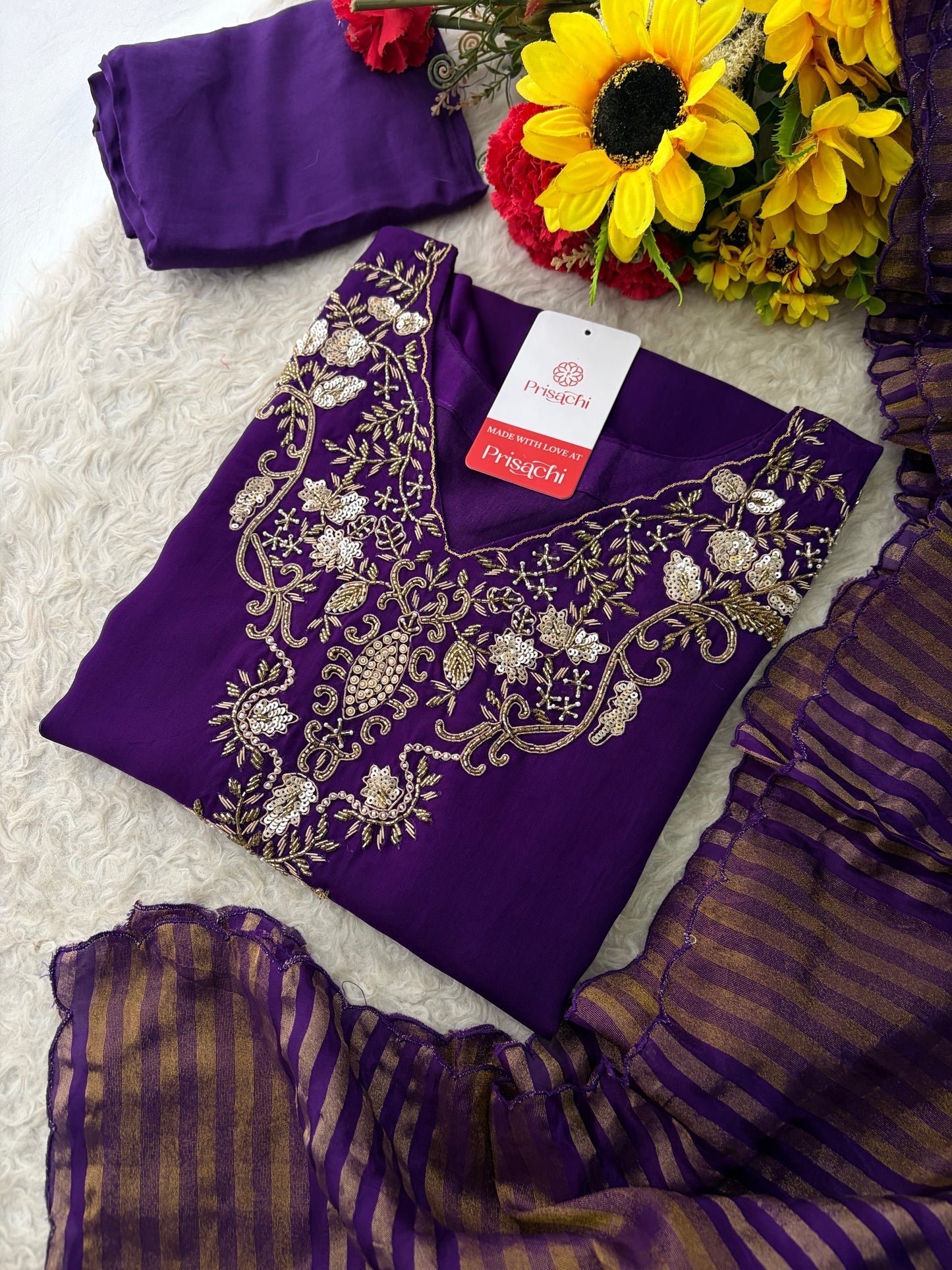 Purple Zardozi Embroidered Kurta Set for Women with Broad Antique Gold Hem Border, Pants & Dupatta | Designer Ethnic Suit