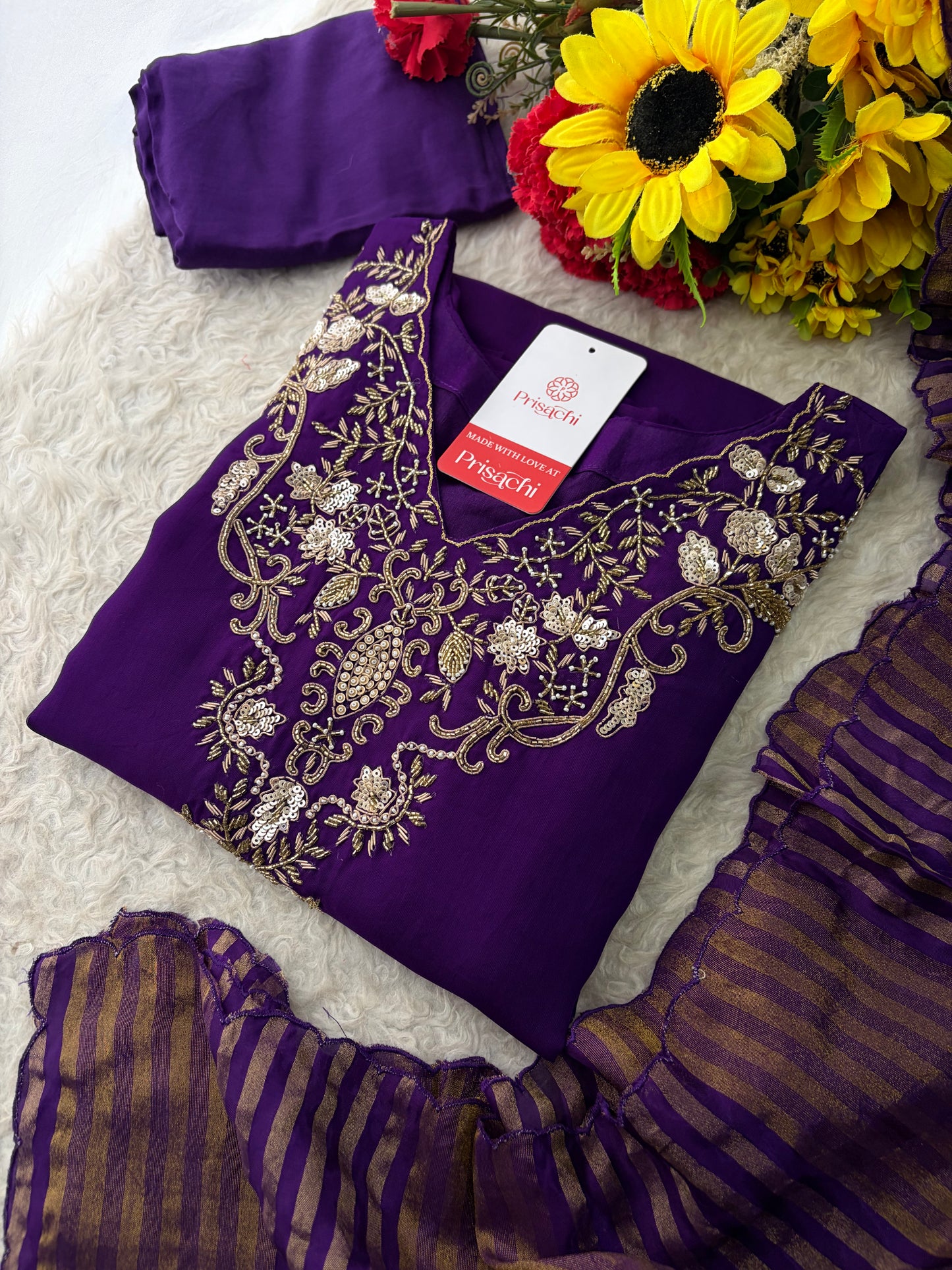 Purple Zardozi Embroidered Kurta Set for Women with Broad Antique Gold Hem Border, Pants & Dupatta | Designer Ethnic Suit