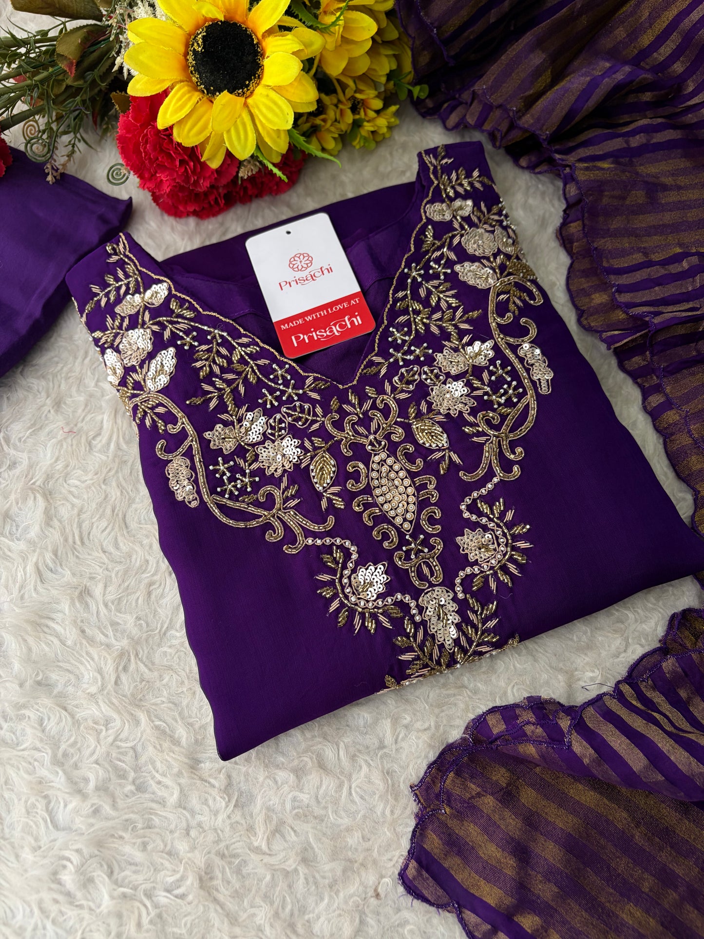 Purple Zardozi Embroidered Kurta Set for Women with Broad Antique Gold Hem Border, Pants & Dupatta | Designer Ethnic Suit