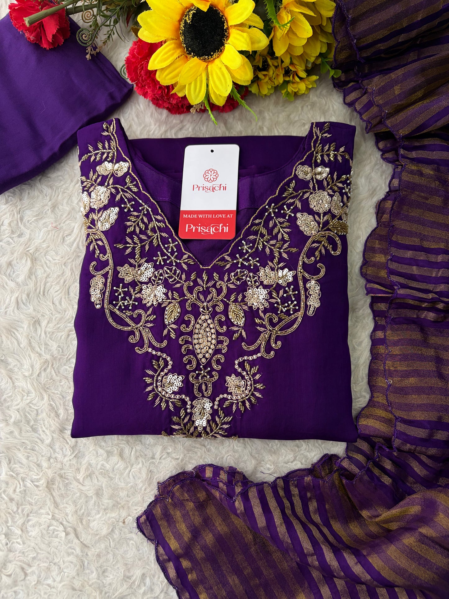 Purple Zardozi Embroidered Kurta Set for Women with Broad Antique Gold Hem Border, Pants & Dupatta | Designer Ethnic Suit