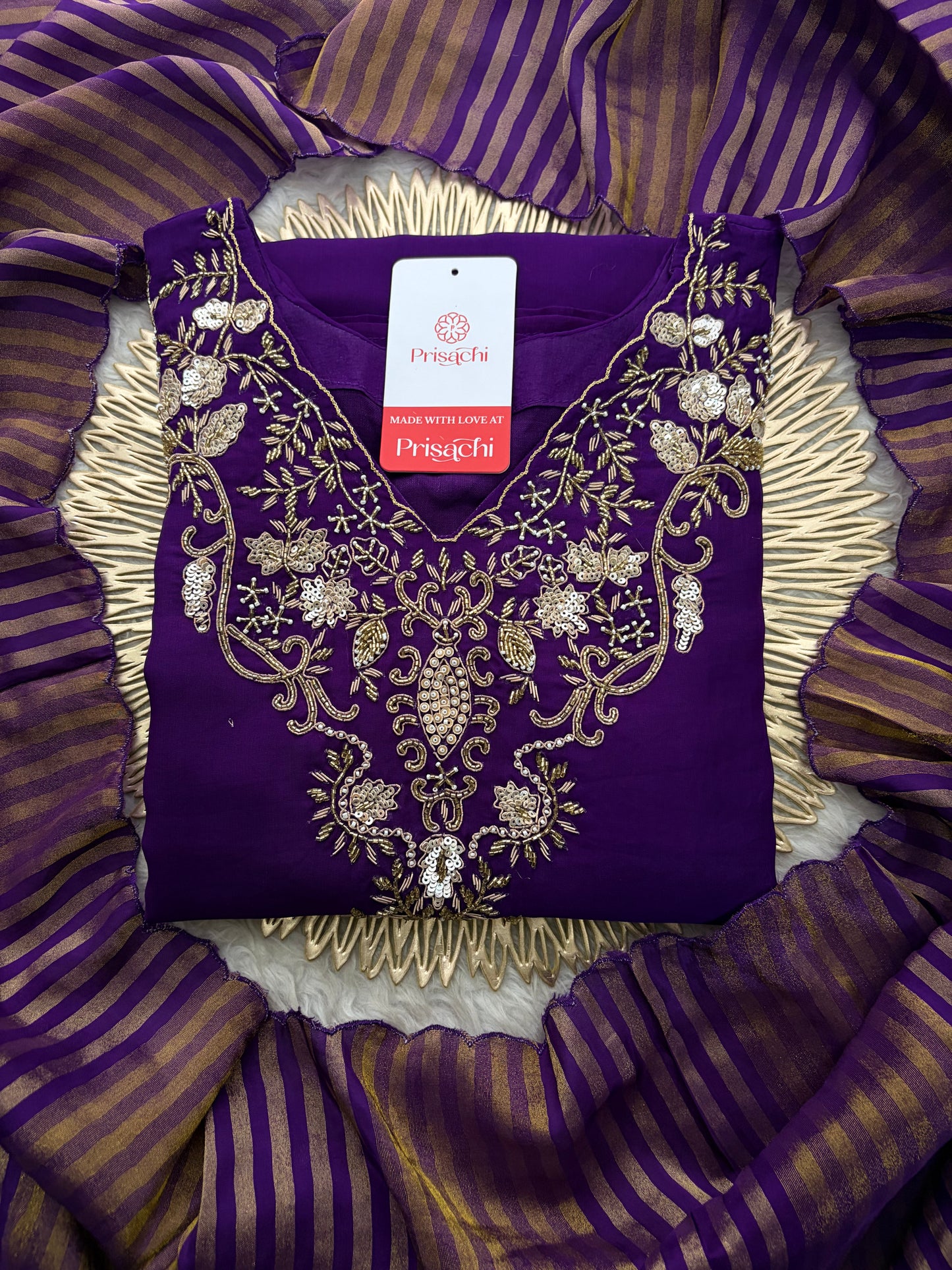 Purple Zardozi Embroidered Kurta Set for Women with Broad Antique Gold Hem Border, Pants & Dupatta | Designer Ethnic Suit