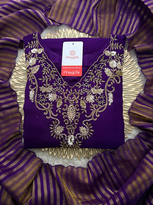 Purple Zardozi Embroidered Kurta Set for Women with Broad Antique Gold Hem Border, Pants & Dupatta | Designer Ethnic Suit