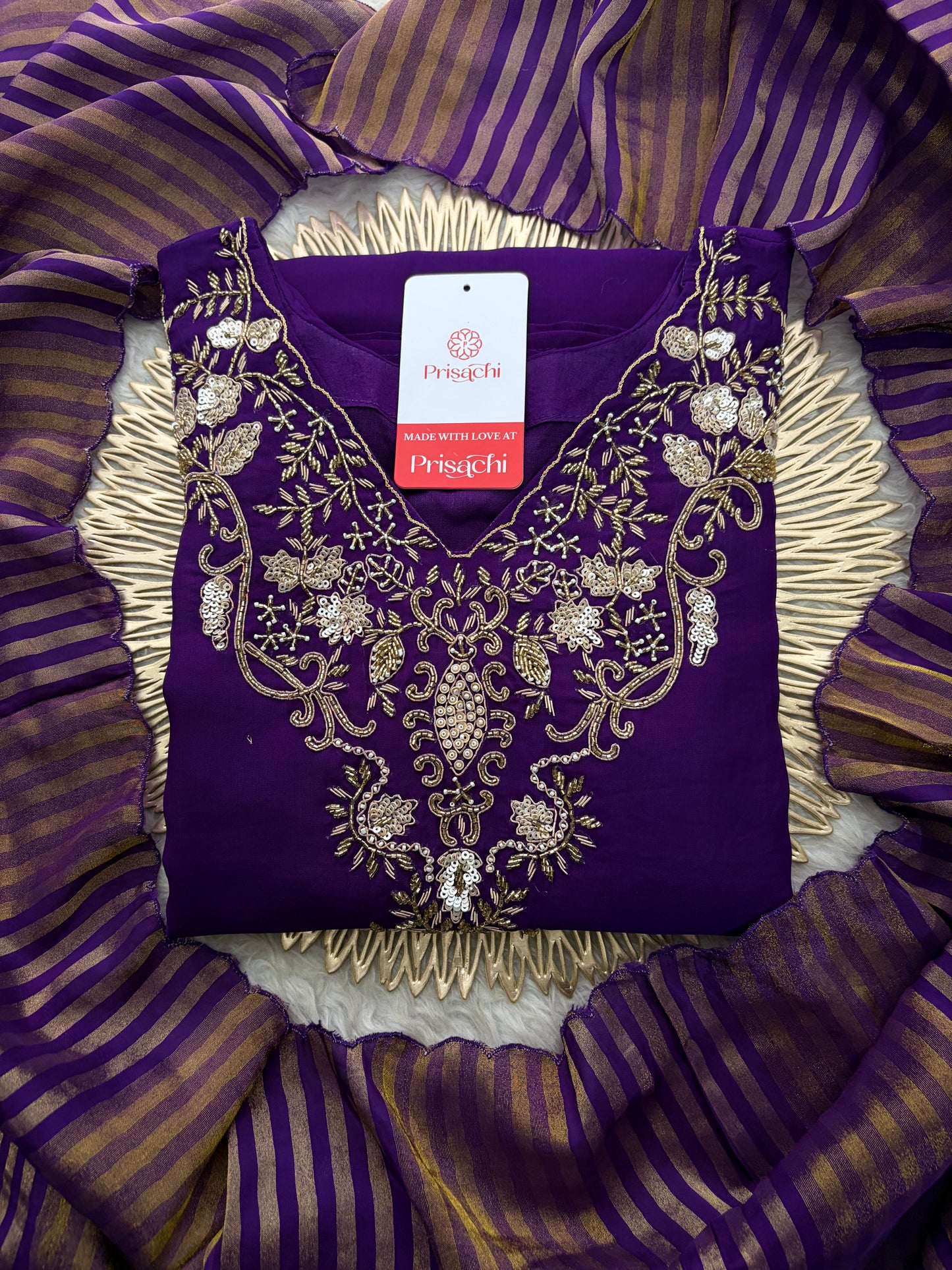 Purple Zardozi Embroidered Kurta Set for Women with Broad Antique Gold Hem Border, Pants & Dupatta | Designer Ethnic Suit