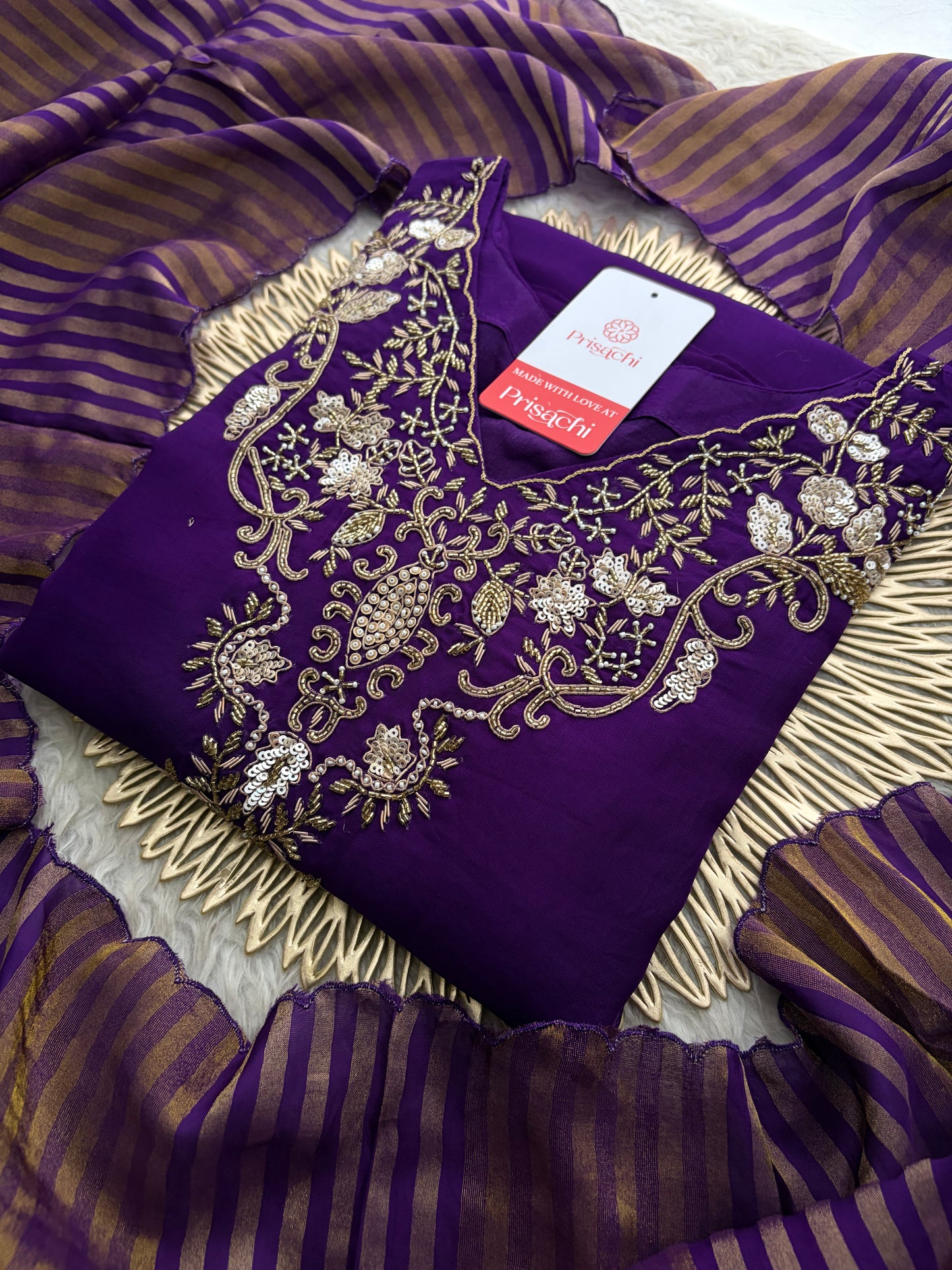 Purple Zardozi Embroidered Kurta Set for Women with Broad Antique Gold Hem Border, Pants & Dupatta | Designer Ethnic Suit