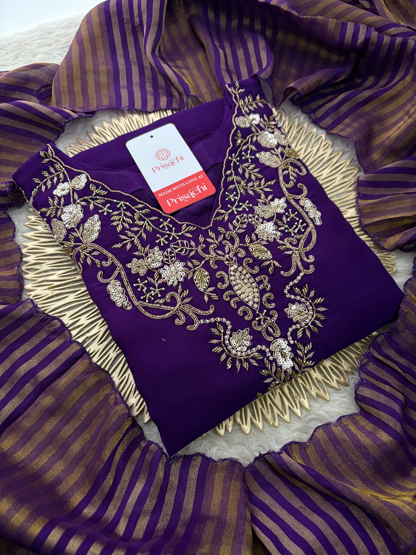 Purple Zardozi Embroidered Kurta Set for Women with Broad Antique Gold Hem Border, Pants & Dupatta | Designer Ethnic Suit