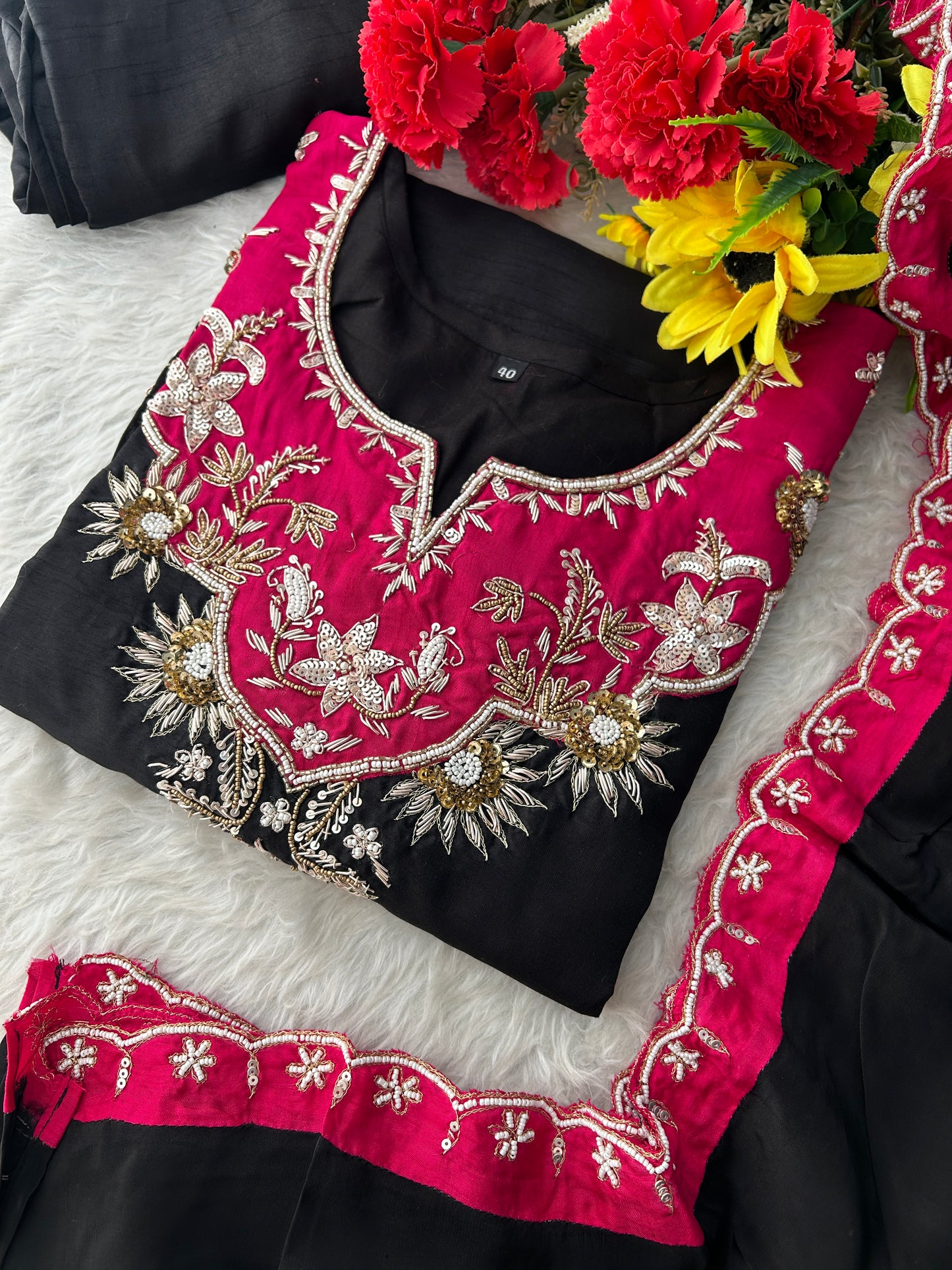 Black Zardozi Embroidered Kurta Set with Pants & Dupatta for Women | Festive & Wedding Wear Ethnic Suit
