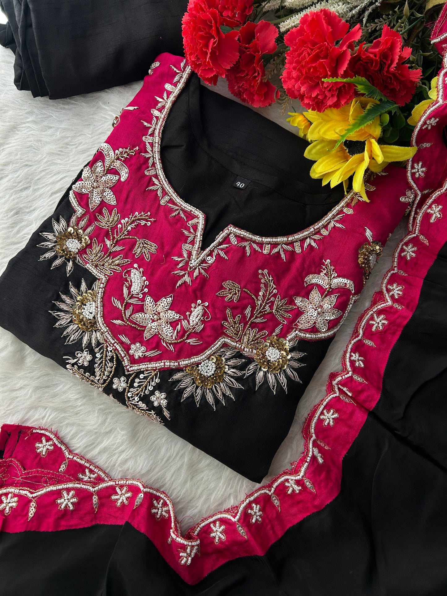 Black Zardozi Embroidered Kurta Set with Pants & Dupatta for Women | Festive & Wedding Wear Ethnic Suit