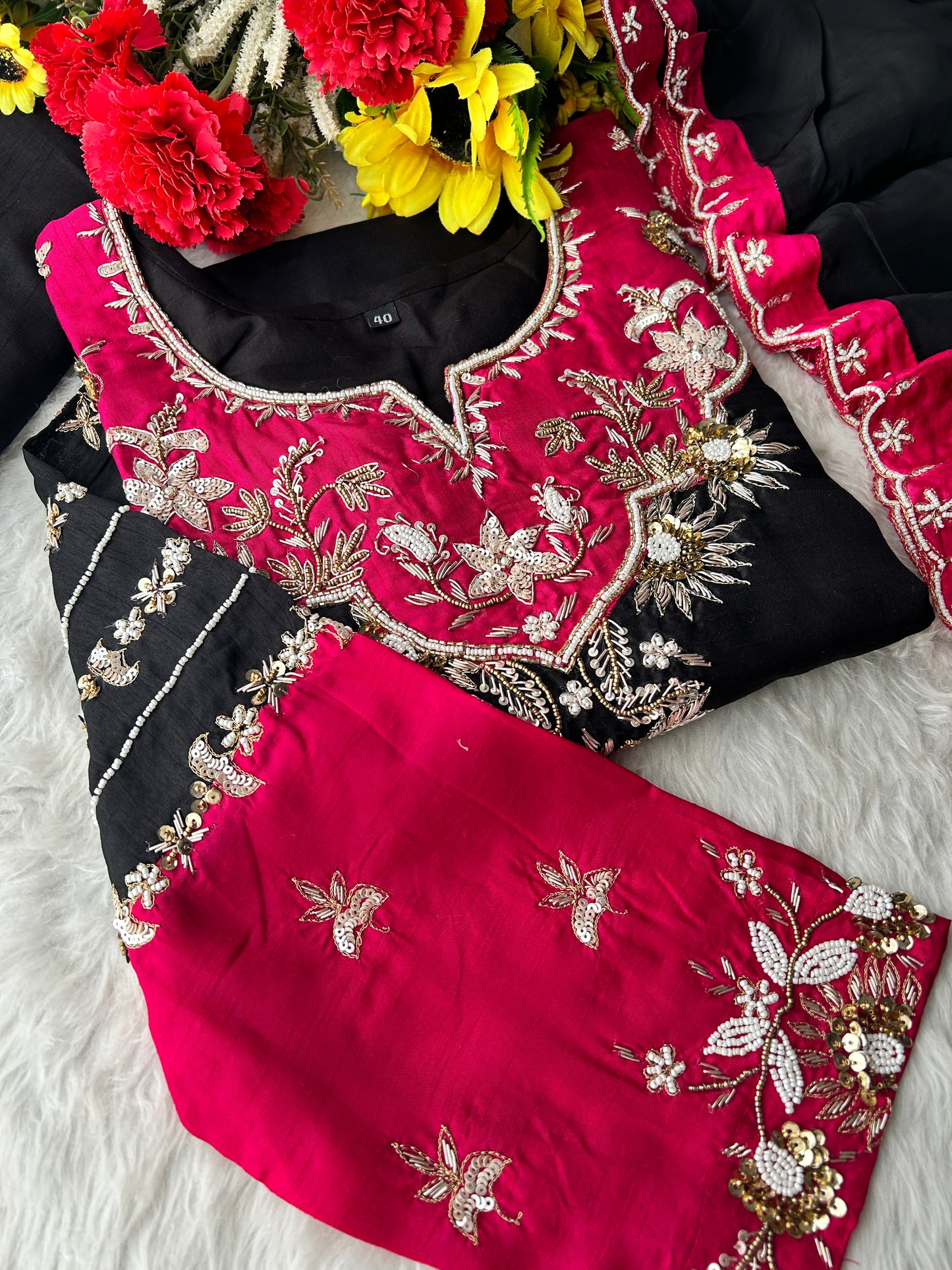 Black Zardozi Embroidered Kurta Set with Pants & Dupatta for Women | Festive & Wedding Wear Ethnic Suit