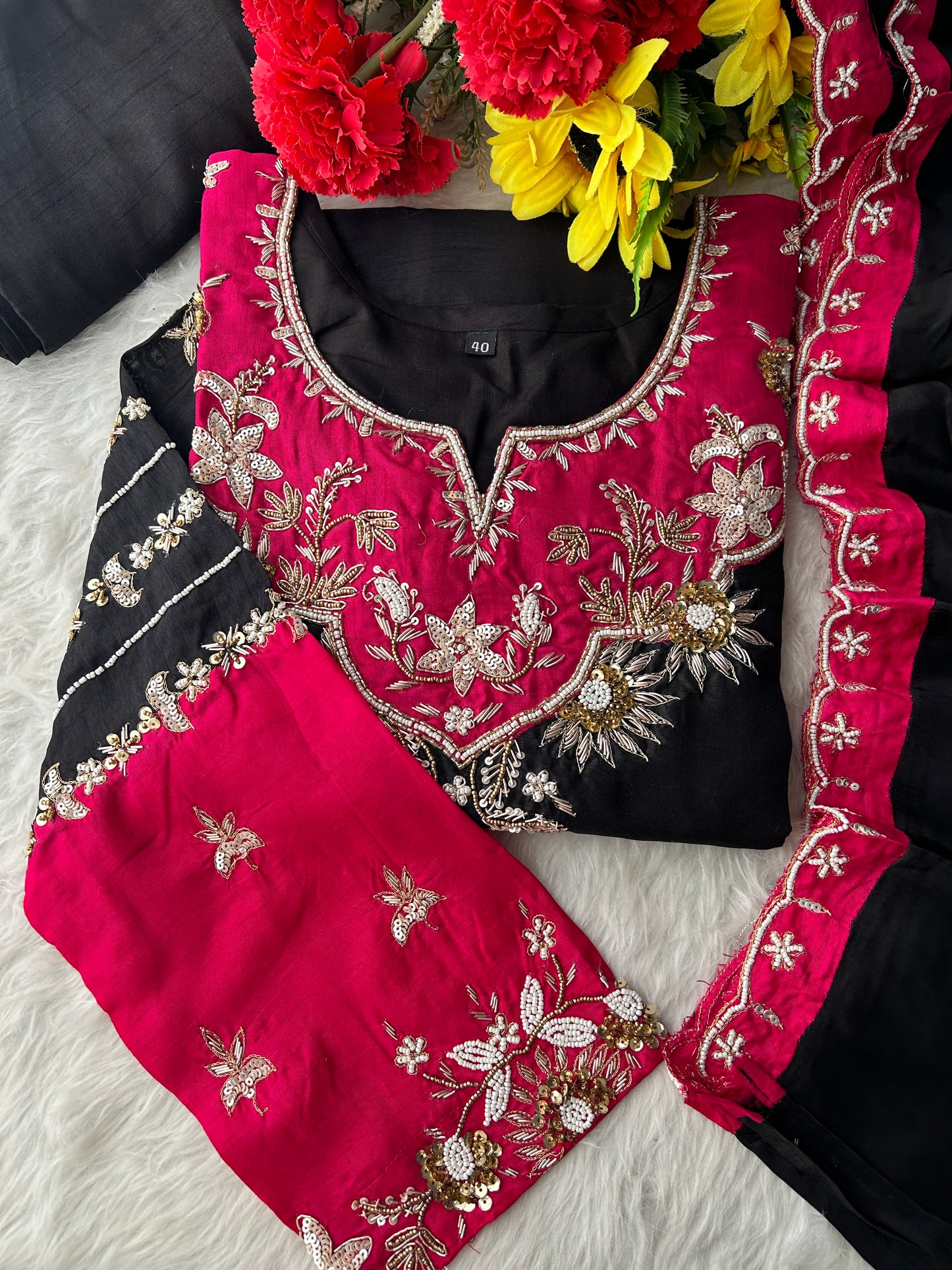 Black Zardozi Embroidered Kurta Set with Pants & Dupatta for Women | Festive & Wedding Wear Ethnic Suit