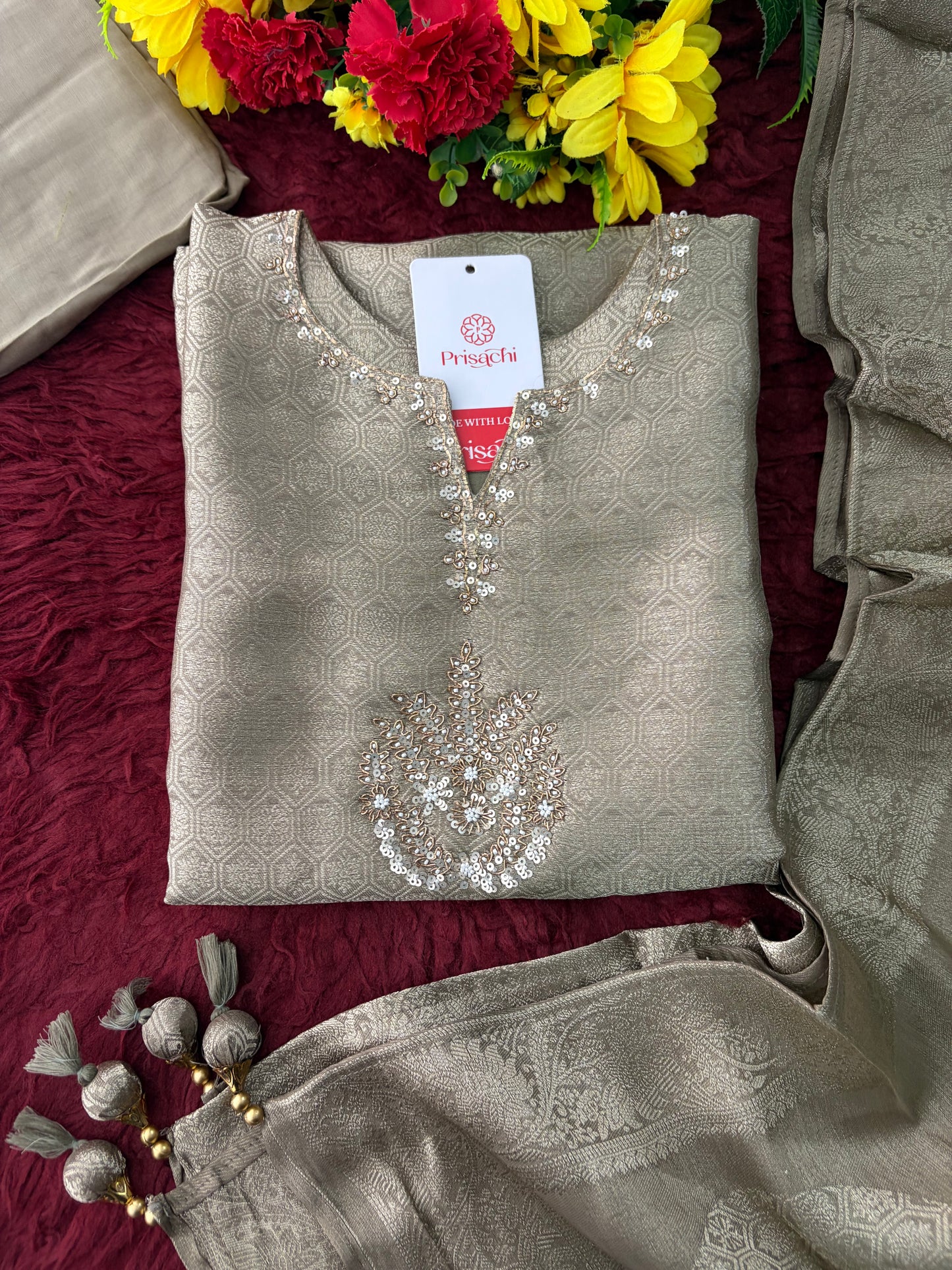 Light Grey Embroidered Ethnic Kurta Set for Women with Palazzo Pant & Dupatta | Festive Wear & party Wear