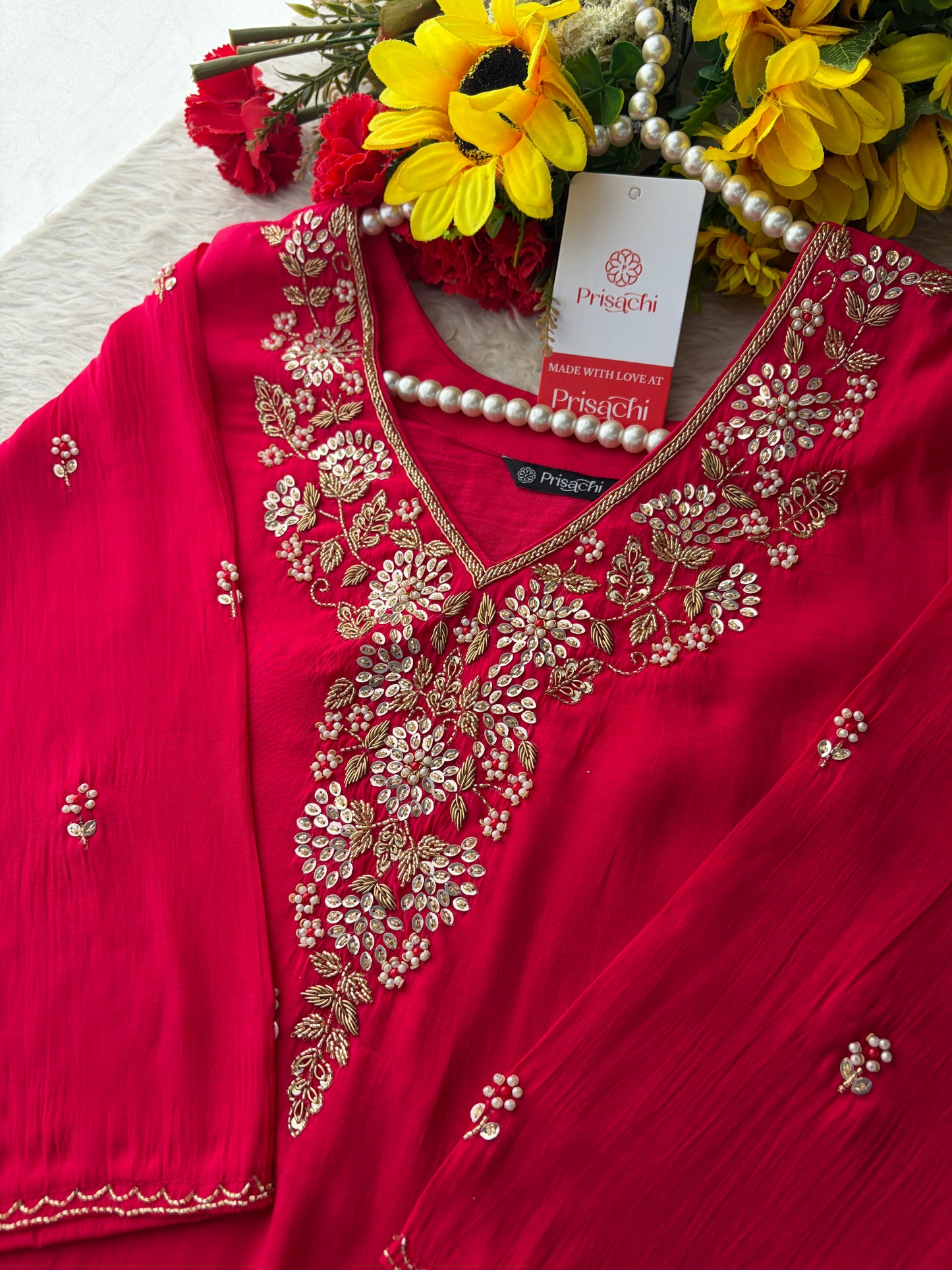Deep Pink Embroidered Kurta Set for Women with Pants & Dupatta | Ethnic Festive Wear