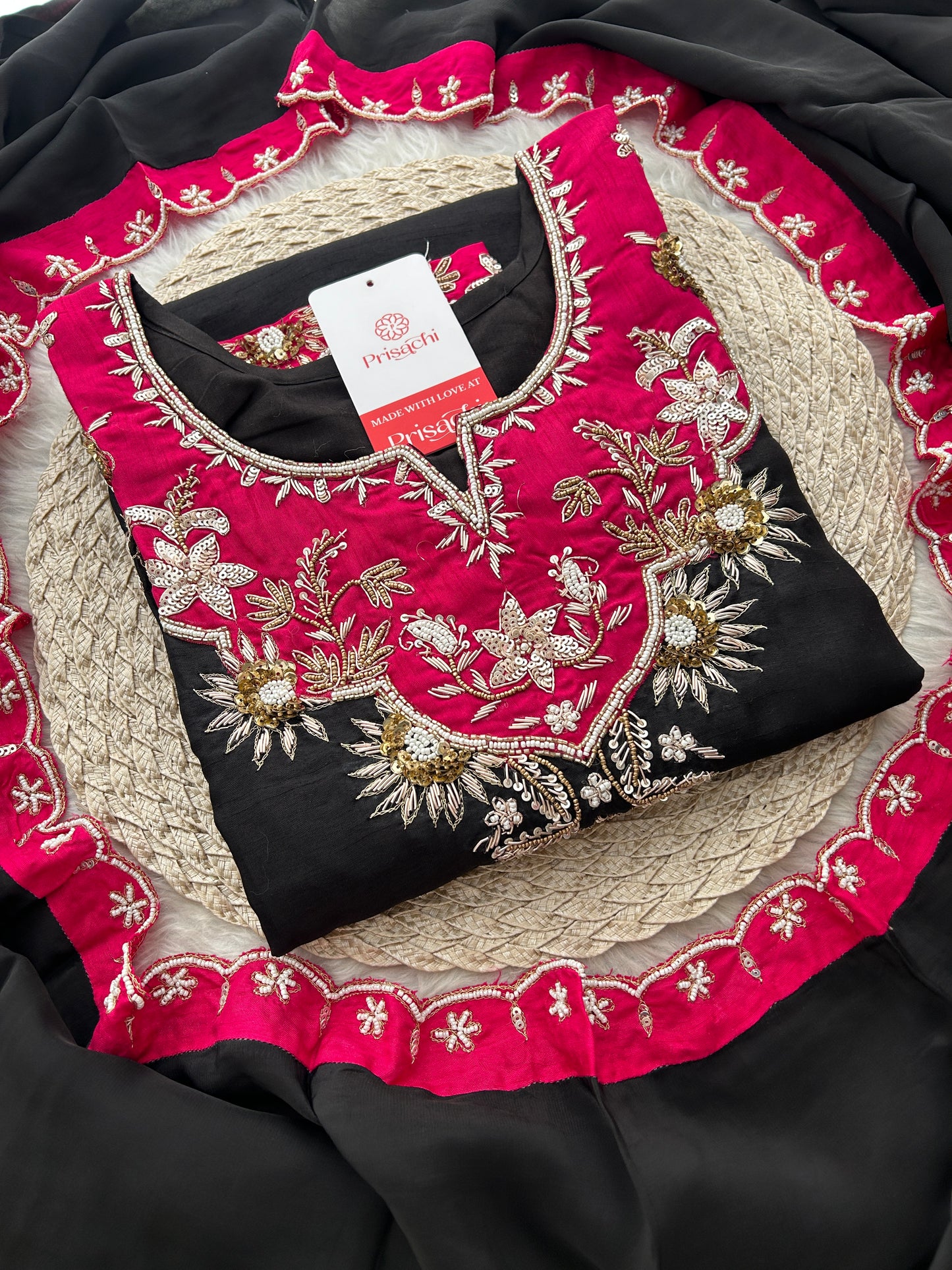 Black Zardozi Embroidered Kurta Set with Pants & Dupatta for Women | Festive & Wedding Wear Ethnic Suit