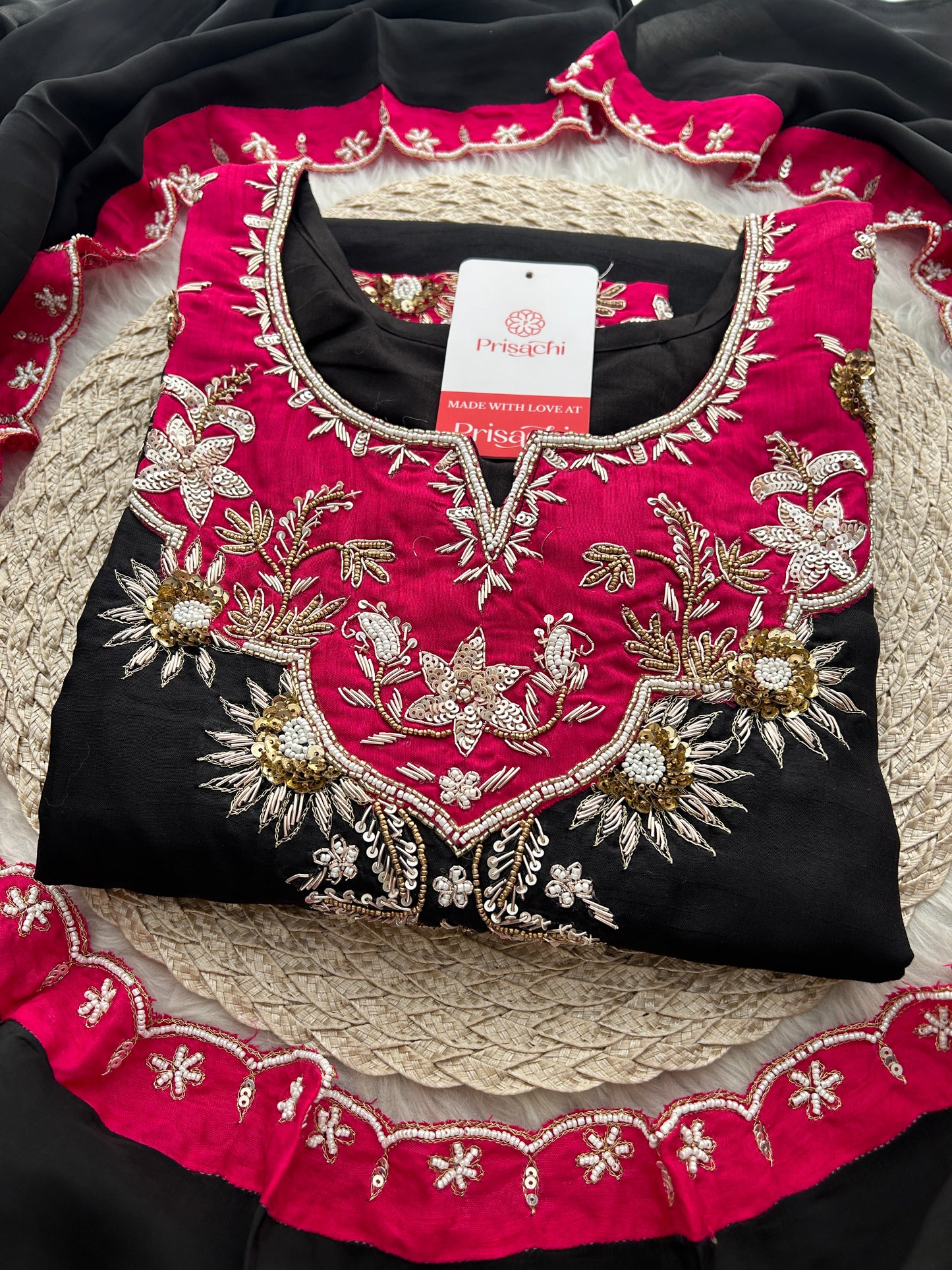 Black Zardozi Embroidered Kurta Set with Pants & Dupatta for Women | Festive & Wedding Wear Ethnic Suit