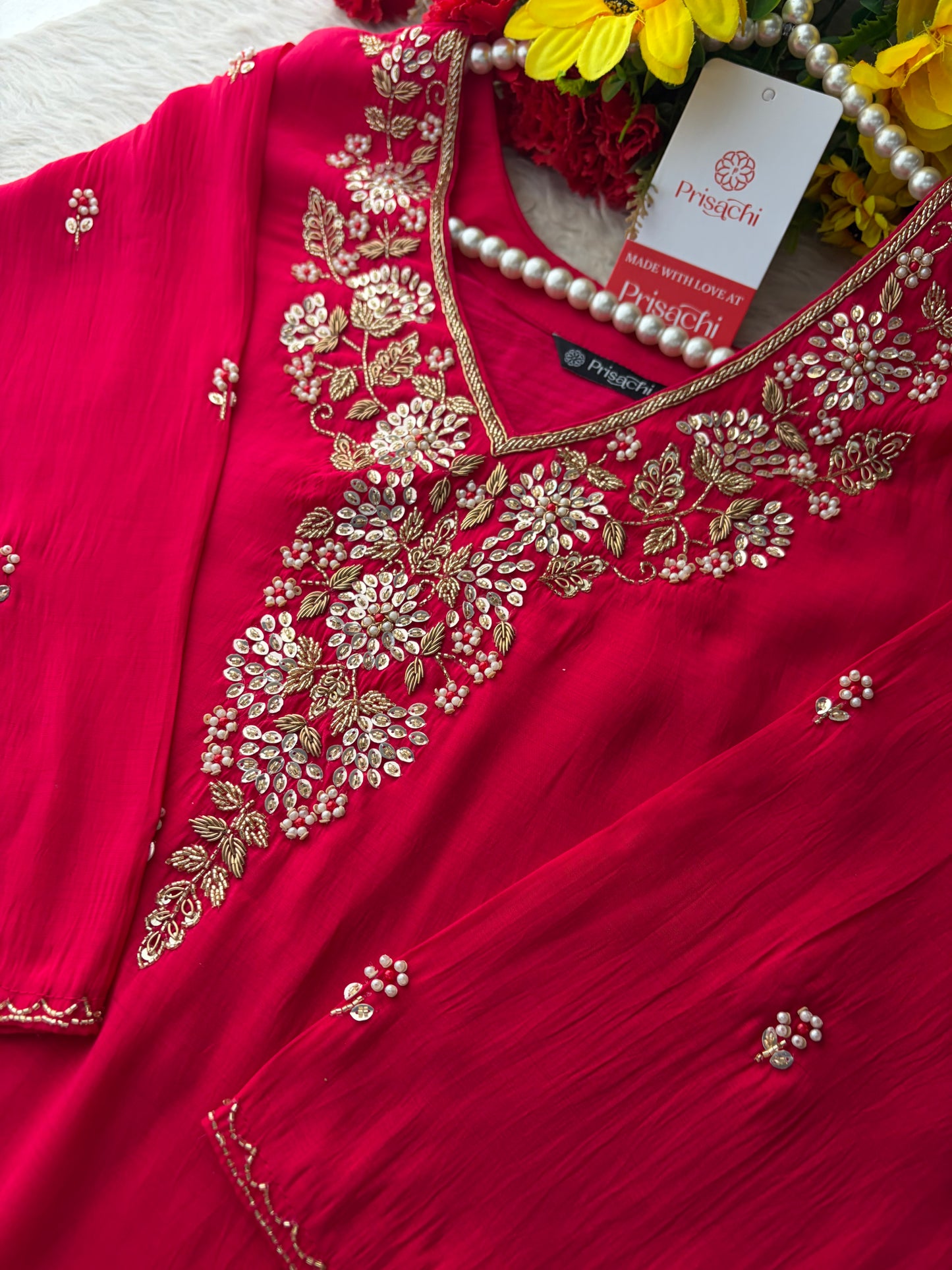 Deep Pink Embroidered Kurta Set for Women with Pants & Dupatta | Ethnic Festive Wear