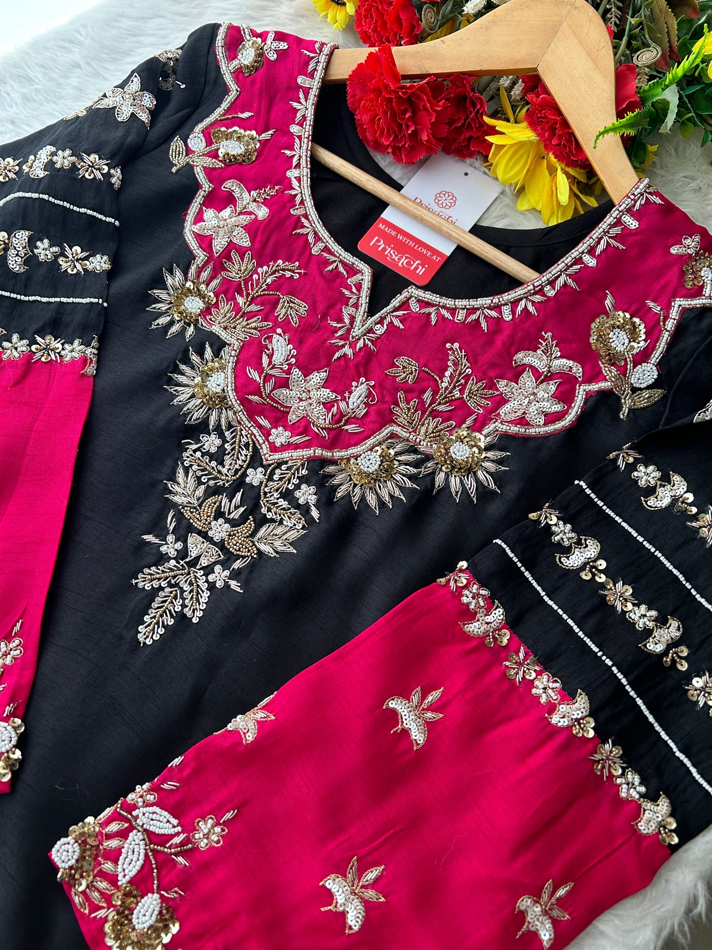 Black Zardozi Embroidered Kurta Set with Pants & Dupatta for Women | Festive & Wedding Wear Ethnic Suit