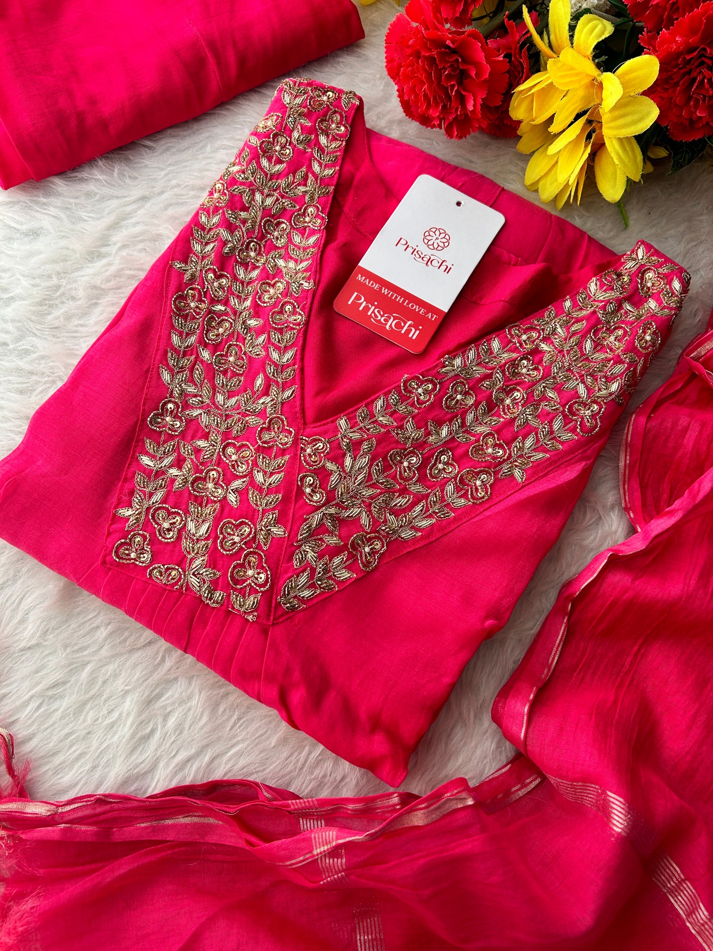 Pink Zardozi Embroidered A-Line Ethnic Kurta Set with Dupatta & Pants