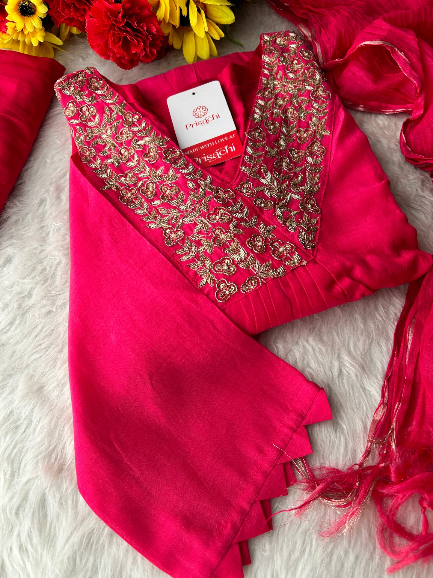 Pink Zardozi Embroidered A-Line Ethnic Kurta Set with Dupatta & Pants