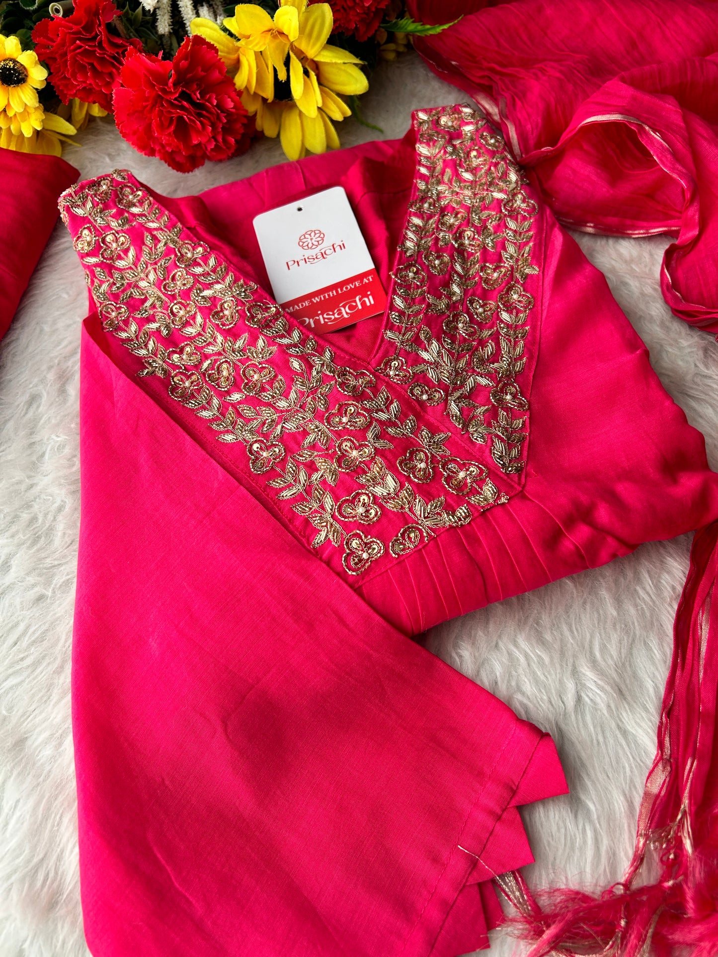 Pink Zardozi Embroidered A-Line Ethnic Kurta Set with Dupatta & Pants