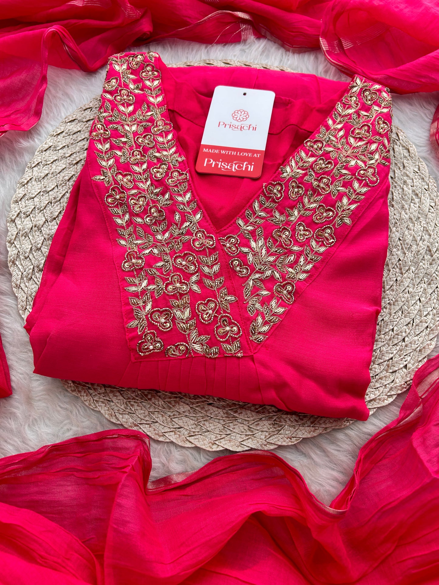 Pink Zardozi Embroidered A-Line Ethnic Kurta Set with Dupatta & Pants